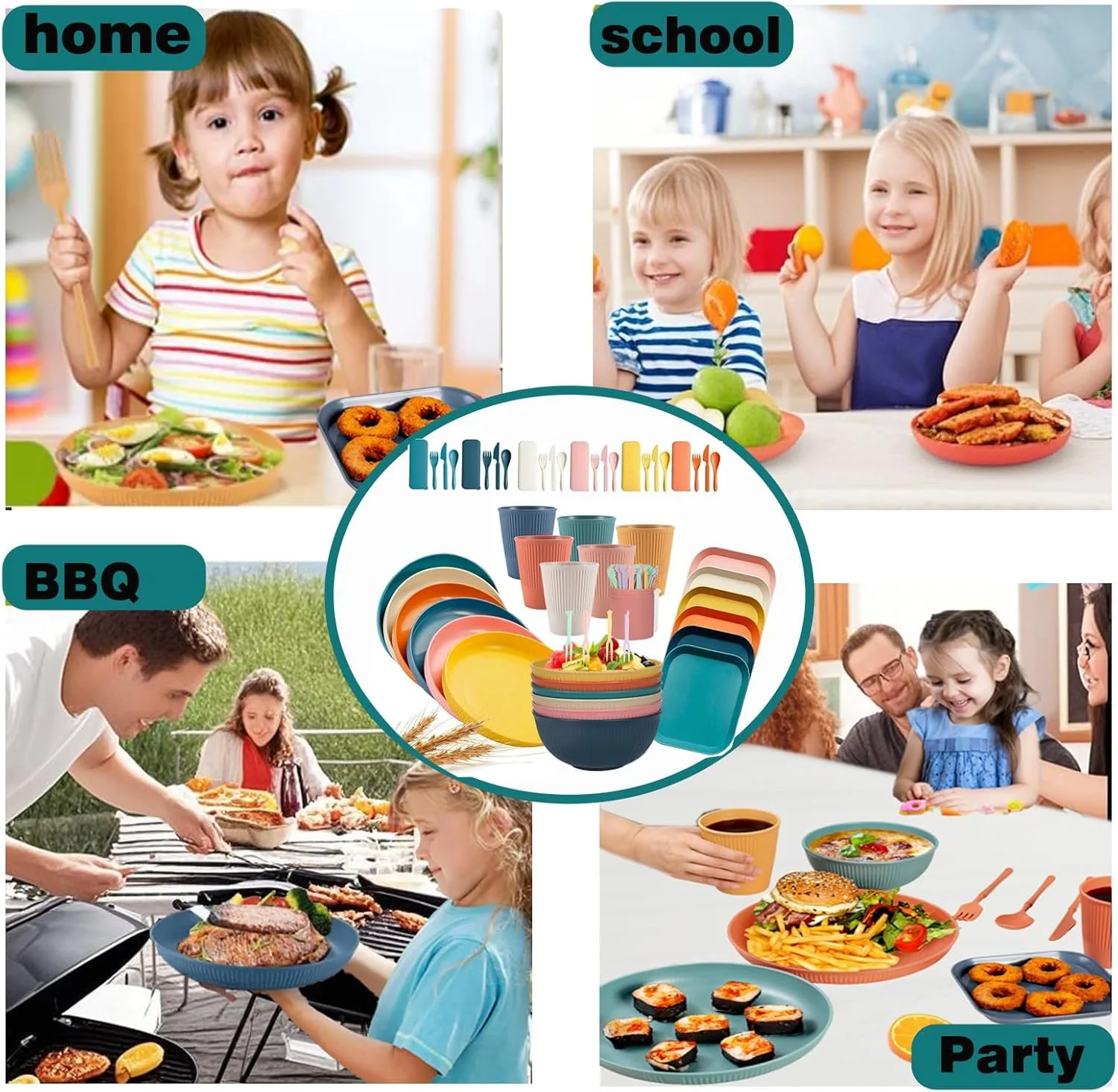 سرویس ظروف غذاخوری کاه گندم، مجموعه 50 تکه بشقاب و کاسه چند رنگ با قاشق و چنگال