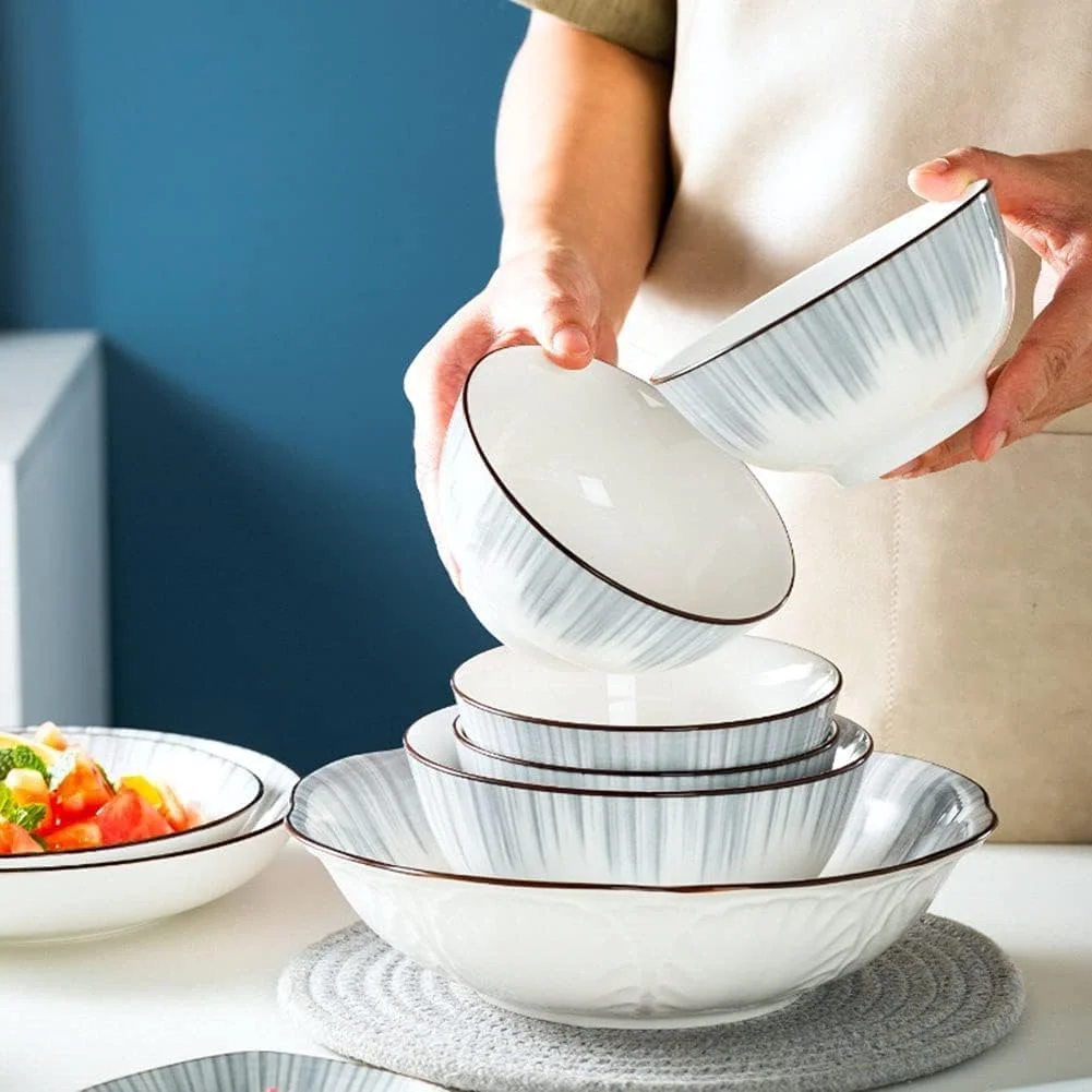 سرویس ظروف غذاخوری مناسب منزل، ست 60 پارچه ظروف سرامیکی شامل بشقاب و کاسه برای مهمانی خانوادگی، مناسب برای 6-8 نفر