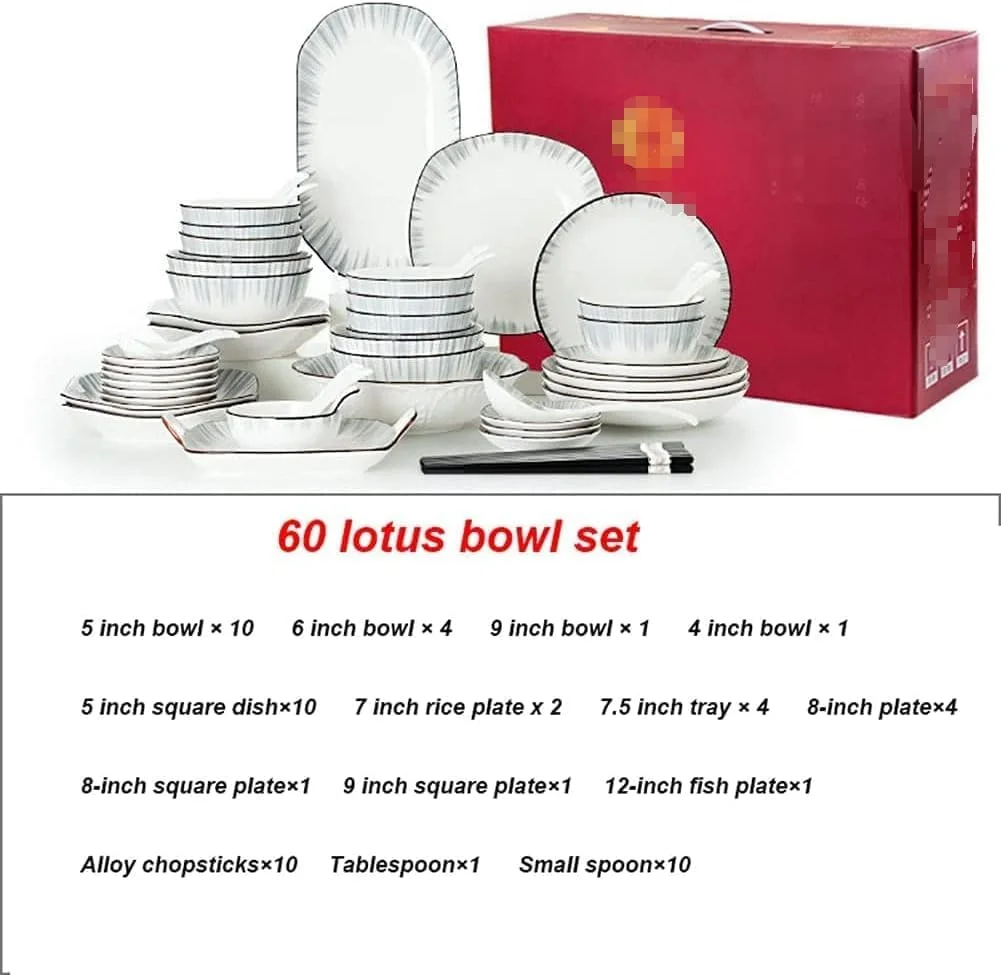 سرویس ظروف غذاخوری مناسب منزل، ست 60 پارچه ظروف سرامیکی شامل بشقاب و کاسه برای مهمانی خانوادگی، مناسب برای 6-8 نفر