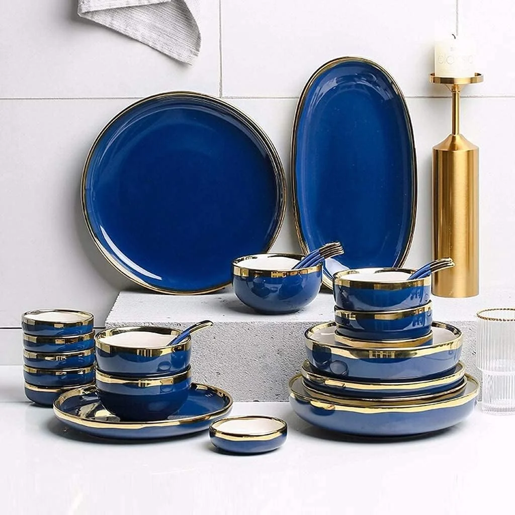 سرویس غذاخوری برای رستوران لوکس و منزل، سرویس های غذاخوری سرامیکی، بشقاب/کاسه/قاشق | ست ظروف غذاخوری 26 تکه پنوم پن - ست ترکیبی چینی، آبی