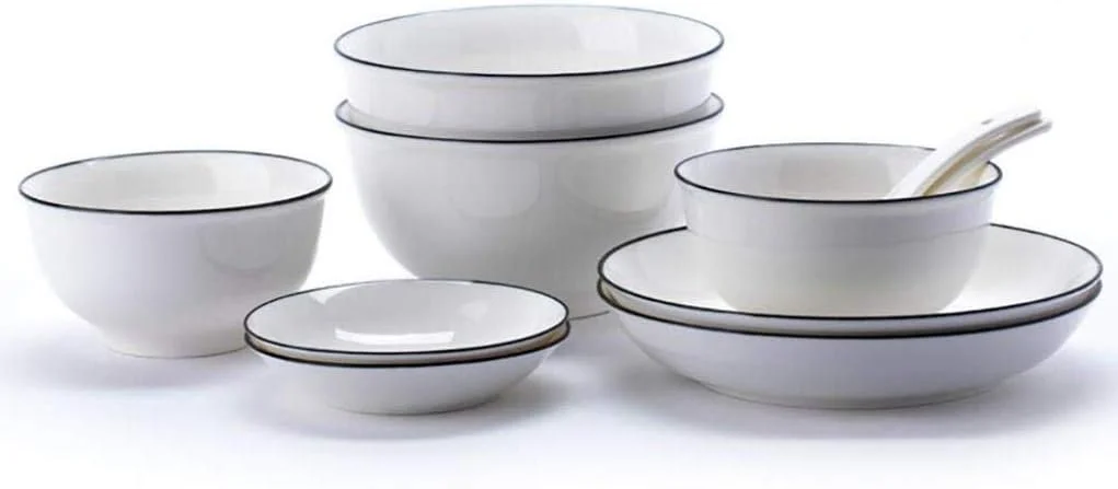 ست غذاخوری 10 پارچه، ست ظروف سفید و مشکی لبه دار شامل کاسه های سرامیکی، بشقاب، قاشق و نعلبکی برای 2 نفر