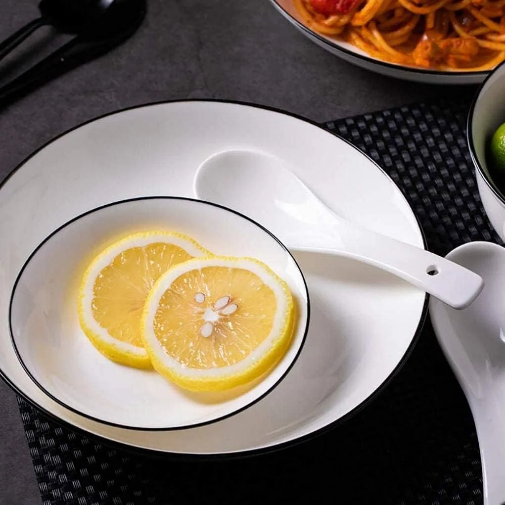 ست غذاخوری 10 پارچه، ست ظروف سفید و مشکی لبه دار شامل کاسه های سرامیکی، بشقاب، قاشق و نعلبکی برای 2 نفر