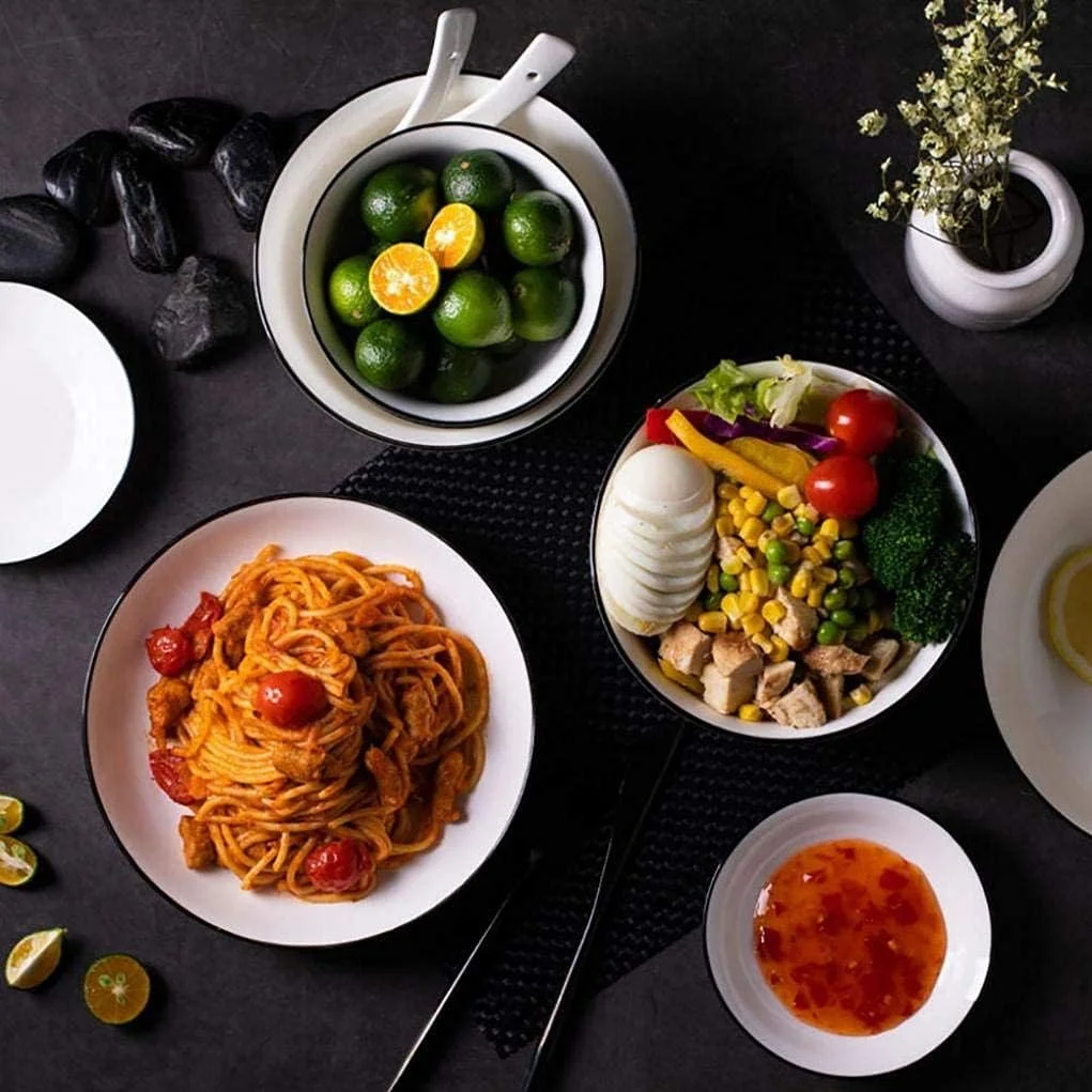 ست غذاخوری 10 پارچه، ست ظروف سفید و مشکی لبه دار شامل کاسه های سرامیکی، بشقاب، قاشق و نعلبکی برای 2 نفر