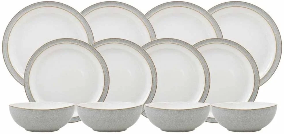دنبی - سرویس غذاخوری Elements خاکستری روشن برای 4 نفر - سرویس ظروف سرامیکی 12 تکه - قابل شستشو در ماشین ظرفشویی و استفاده در مایکروویو - 4 عدد بشقاب غذاخوری، 4 عدد بشقاب متوسط، 4 عدد کاسه غلات