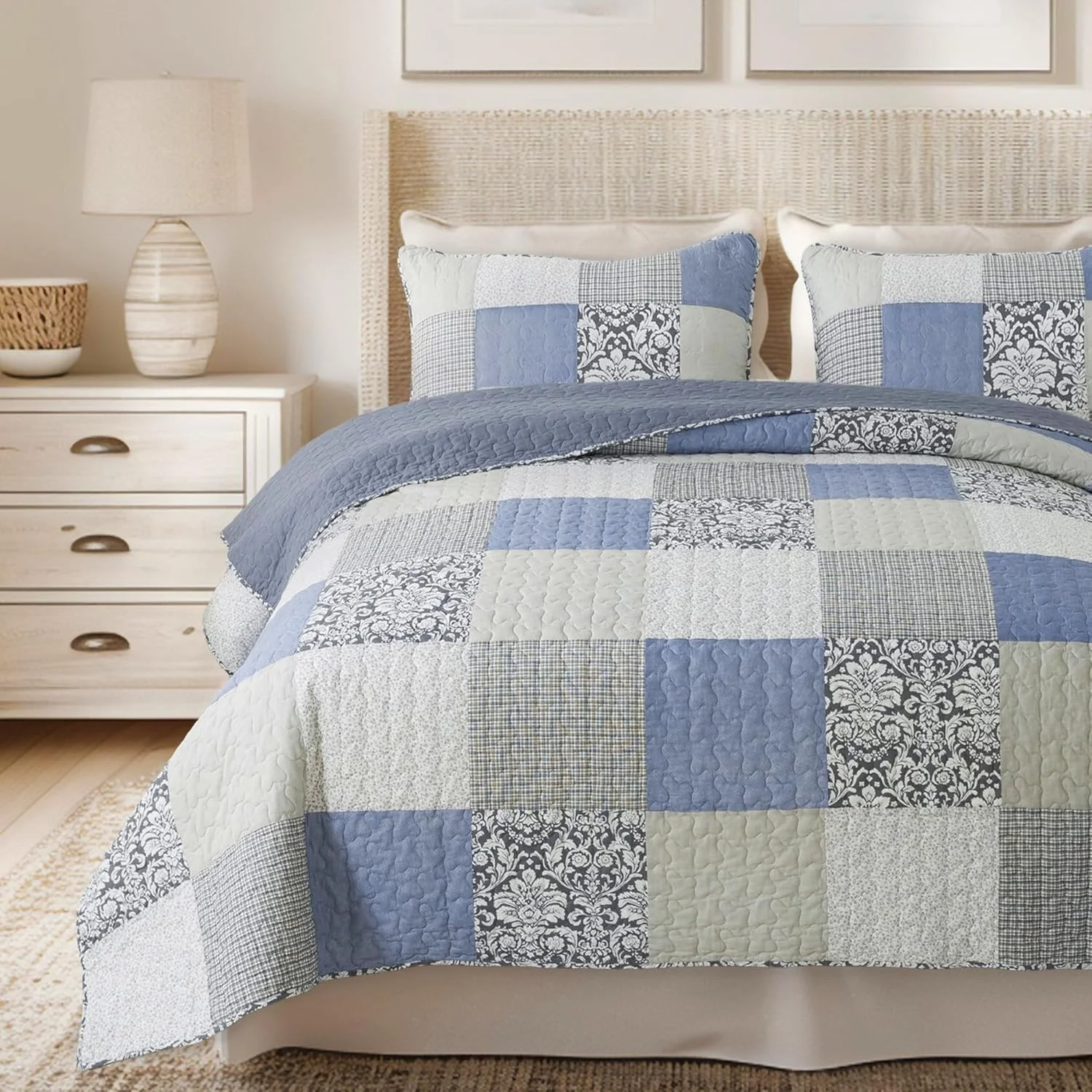 SLPR Sweet Dreams 3-Piece Real Patchwork Cotton Quilt Set (Queen) | with 2 Shams Pre-Washed Reversible Machine Washable Lightweight Bedspread Coverlet