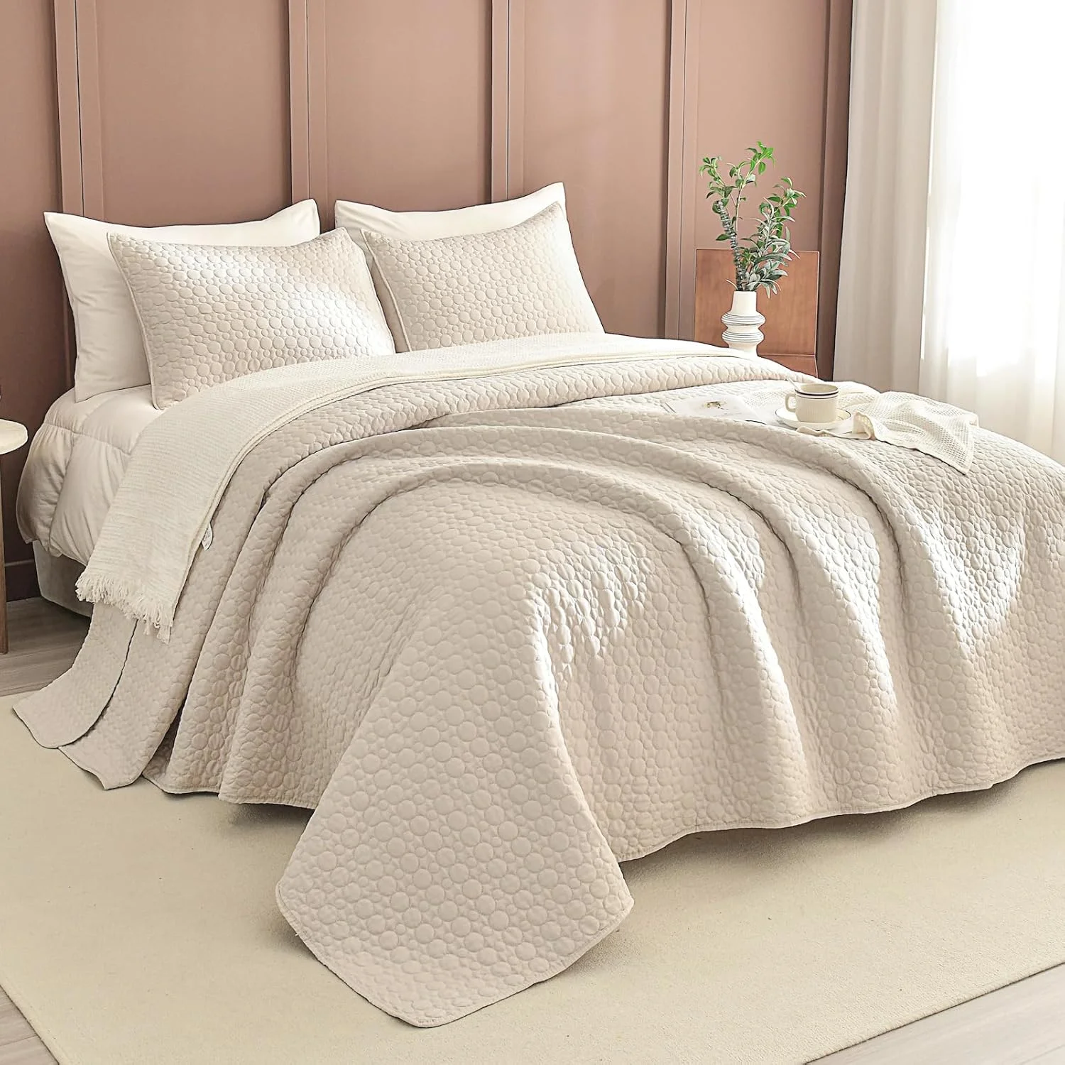 لحاف بزرگ سایز کوئین Sanracie، 259*299 سانتی‌متر، روتختی پنبه‌ای 100%، لحاف سبک وزن به رنگ گندمی، بسیار بزرگ، ست 3 تکه با طرح دوخت دایره‌ای، روتختی کوئین، لحاف ابری نرم و راحت مناسب تمام فصول