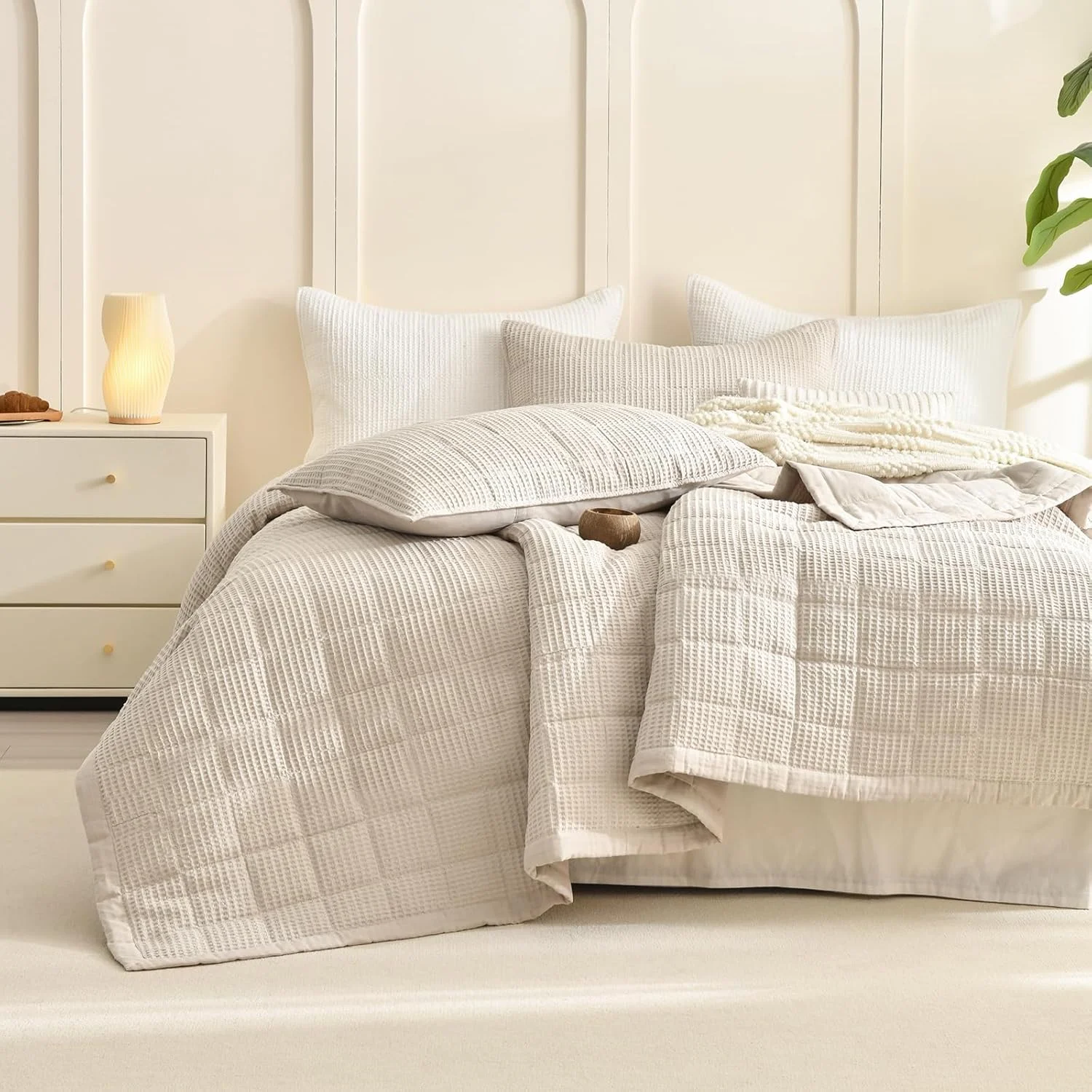 روتختی کینگ سایز بزرگ Sanracie (325x305 سانتی‌متر)، ست لحاف وافل پنبه‌ای رنگ جو دوسر 3 تکه، ست رو تختی نرم و عریض طرح مزرعه، رو تختی سبک و قابل تنفس زیبا برای تمام فصول