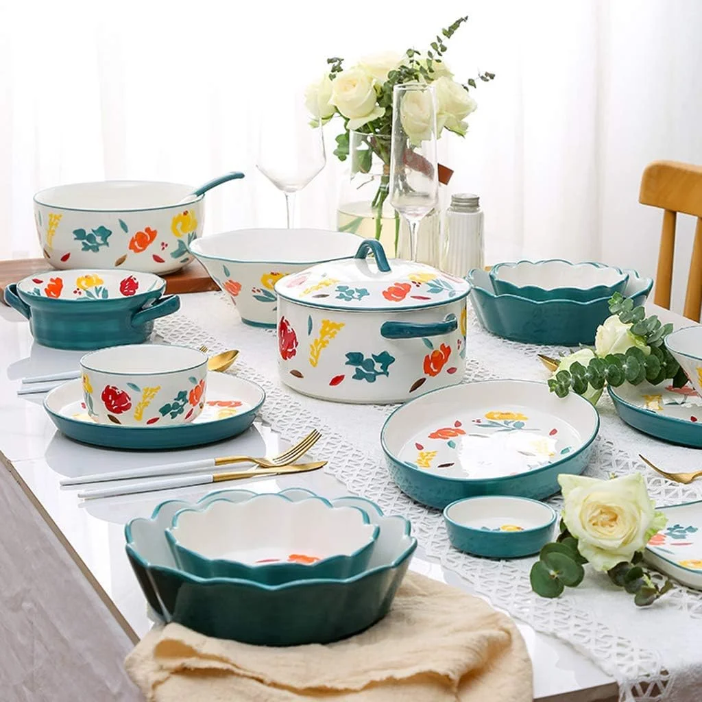 سرویس غذاخوری سرامیکی خلاقانه، کاسه غلات و قابلمه سوپ و بشقاب | ست ظروف غذاخوری چینی 26 تکه به سبک رترو فرانسوی برای دورهمی های خانوادگی و هدایای عروسی