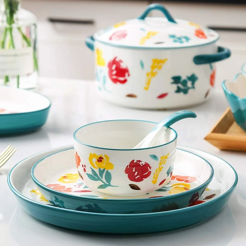 سرویس غذاخوری سرامیکی خلاقانه، کاسه غلات و قابلمه سوپ و بشقاب | ست ظروف غذاخوری چینی 26 تکه به سبک رترو فرانسوی برای دورهمی های خانوادگی و هدایای عروسی
