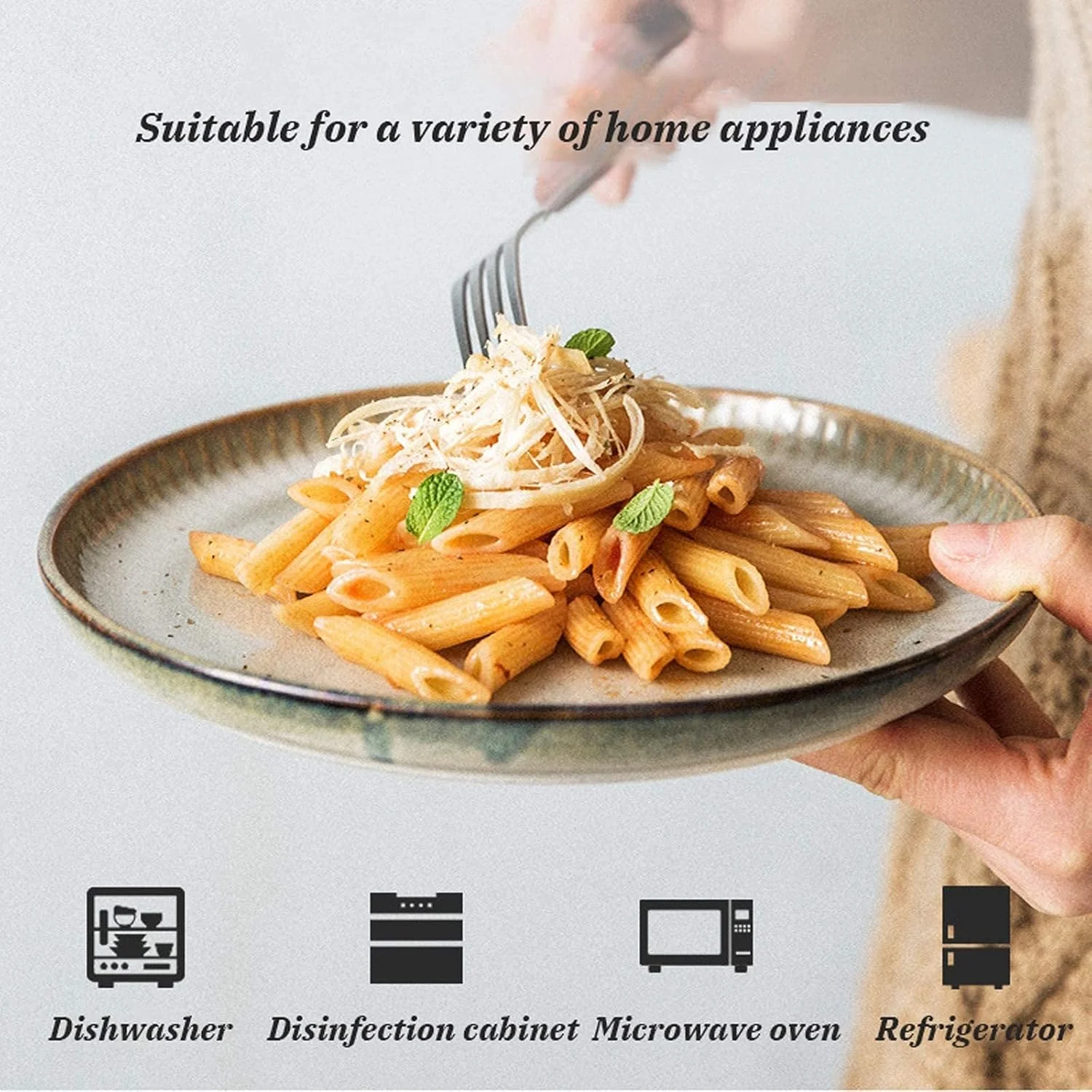 سرویس ظروف غذاخوری چینی خلاقانه و شیک، کاسه های غلات و بشقاب های استیک با لعاب کوره ای رترو | ست ظروف سرامیکی 20 تکه با راه راه های عمودی برجسته