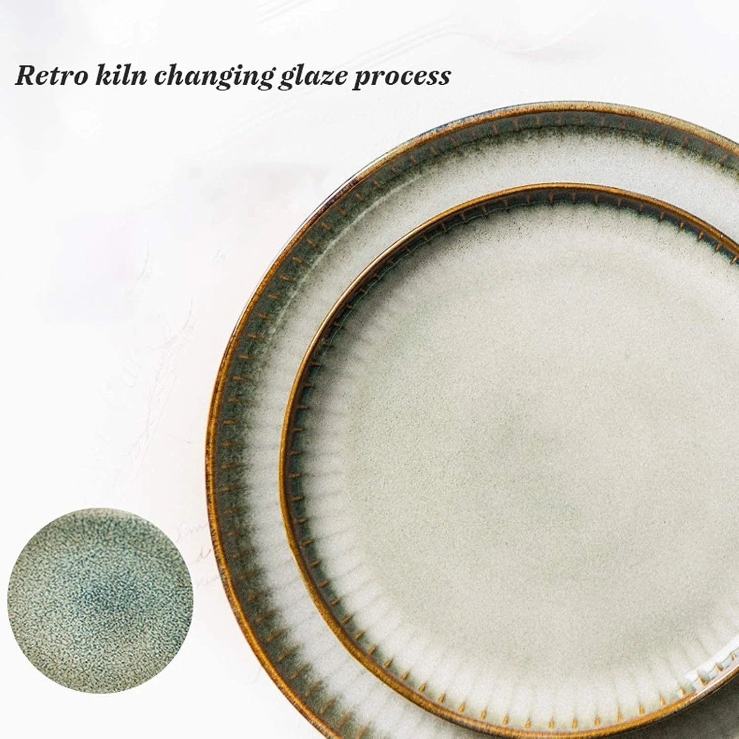 سرویس ظروف غذاخوری چینی خلاقانه و شیک، کاسه های غلات و بشقاب های استیک با لعاب کوره ای رترو | ست ظروف سرامیکی 20 تکه با راه راه های عمودی برجسته