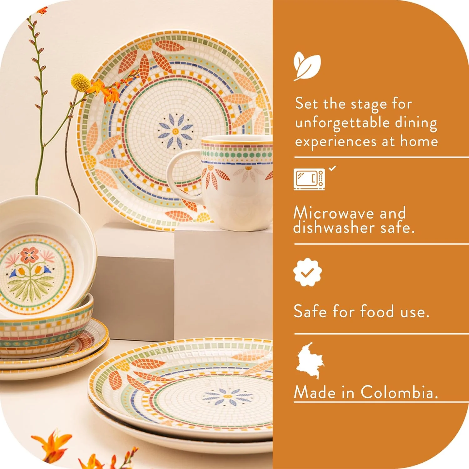 سرویس غذاخوری 16 پارچه کرونا با طرح گل های گرمسیری موزاییکی | بشقاب، کاسه و لیوان | مناسب برای 4 نفر | Fiore