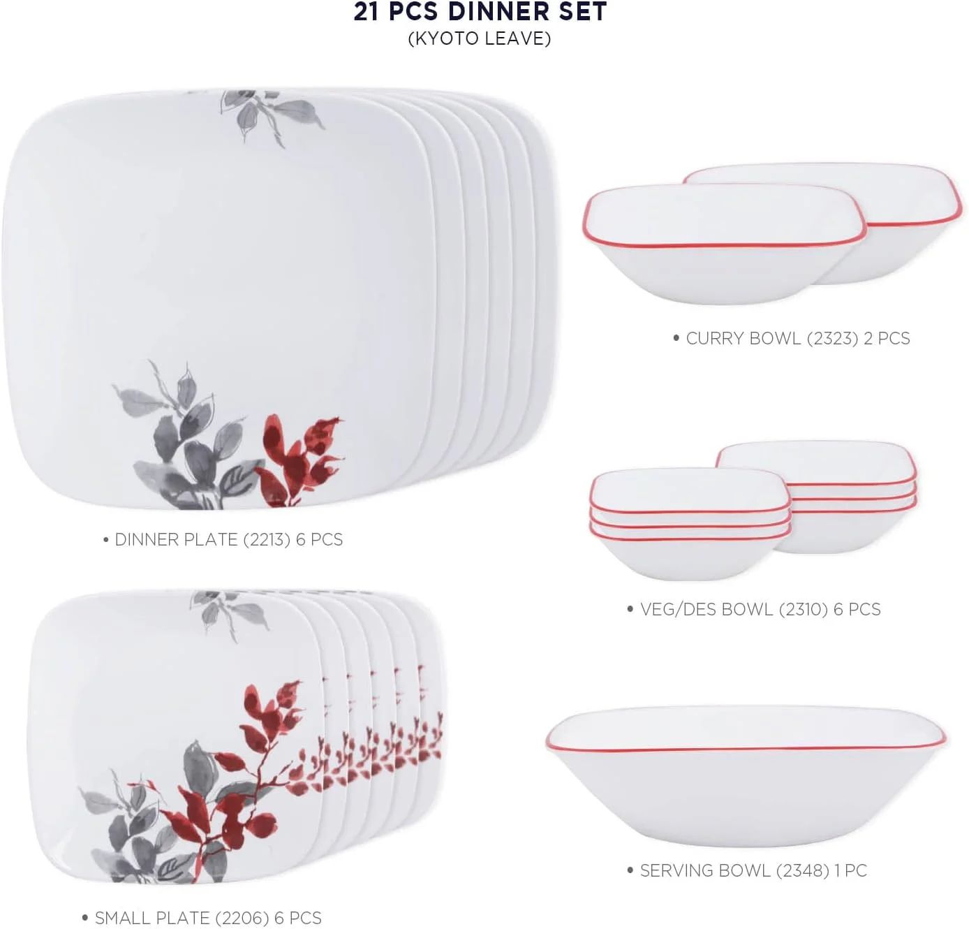 سرویس غذاخوری 21 پارچه کورل مدل Square Round - طرح برگ های کیوتو