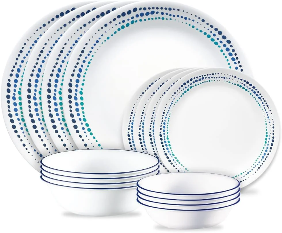 سرویس غذاخوری 16 پارچه Corelle Ocean Blues، مقاوم در برابر لب پر شدن و شکستن، مناسب برای 4 نفر، شامل بشقاب غذاخوری و کاسه، سفید