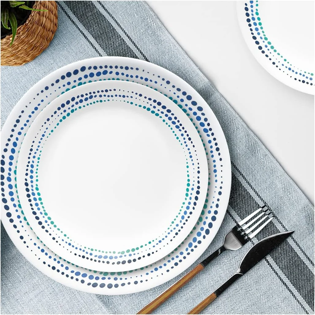 سرویس غذاخوری 16 پارچه Corelle Ocean Blues، مقاوم در برابر لب پر شدن و شکستن، مناسب برای 4 نفر، شامل بشقاب غذاخوری و کاسه، سفید