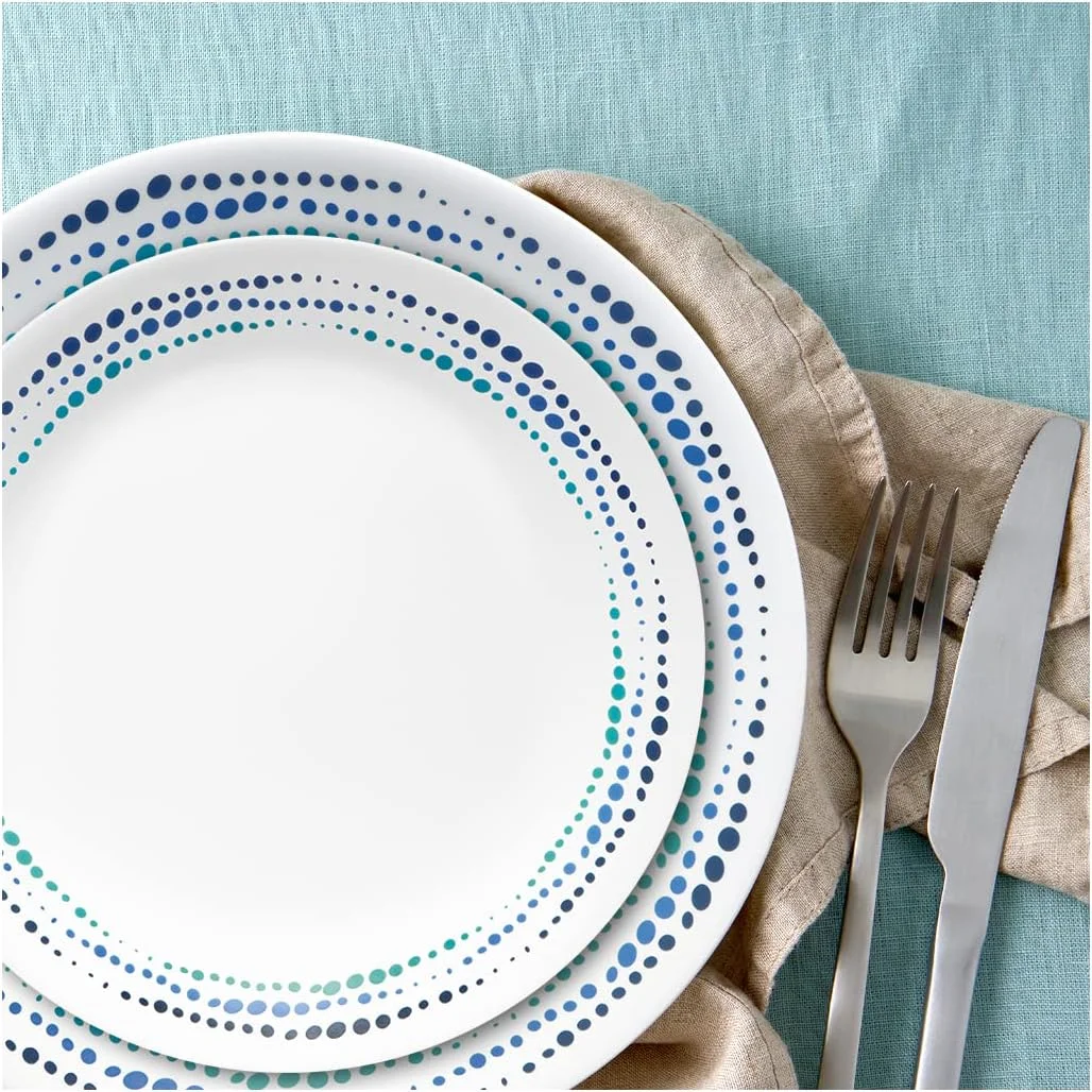 سرویس غذاخوری 16 پارچه Corelle Ocean Blues، مقاوم در برابر لب پر شدن و شکستن، مناسب برای 4 نفر، شامل بشقاب غذاخوری و کاسه، سفید