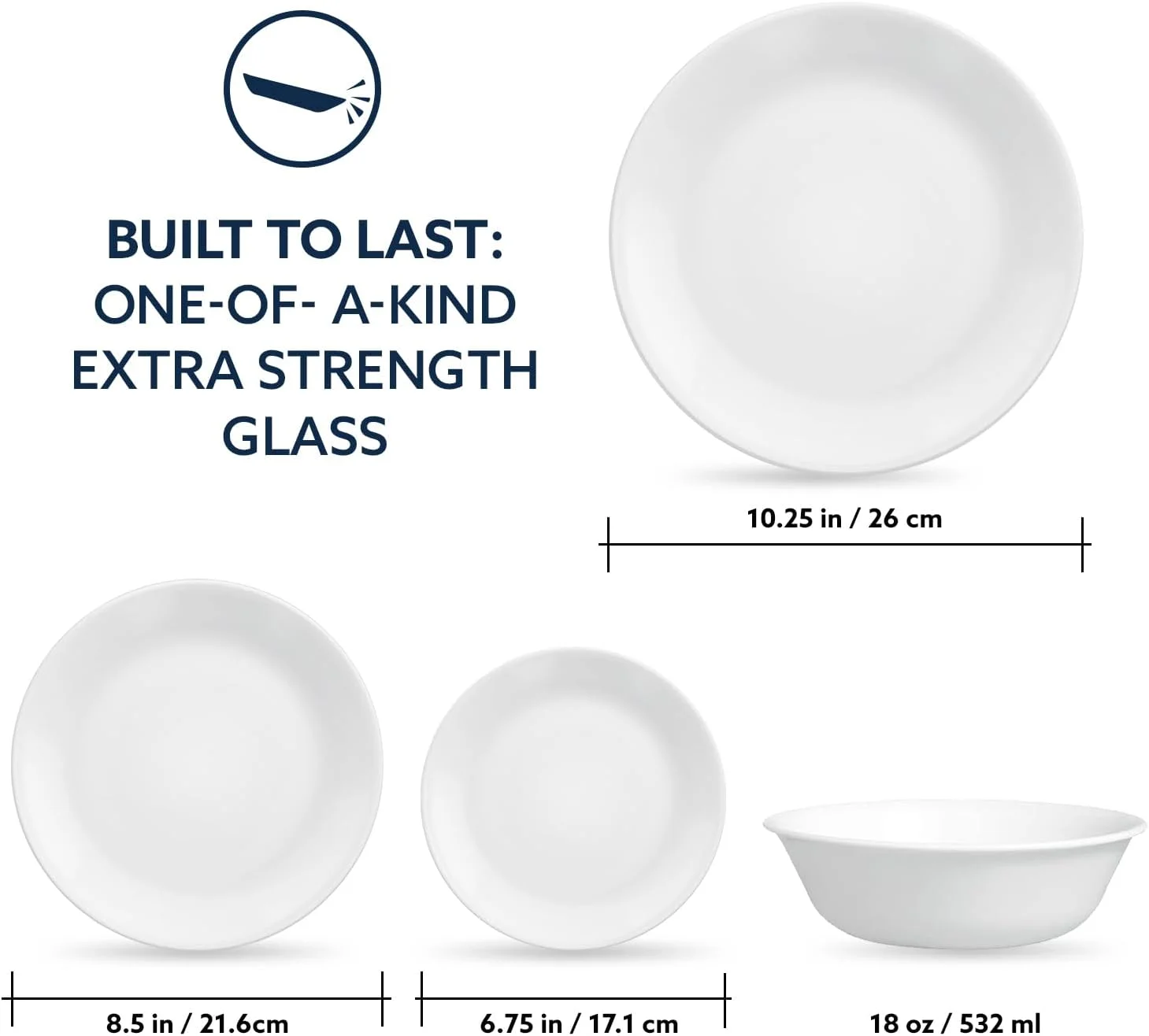 سرویس غذاخوری 8 پارچه Corelle Vitrelle برای 2 نفر، شیشه سه لایه و مقاوم در برابر لب پر شدن، ست بشقاب و کاسه گرد سبک وزن، Winter Frost White