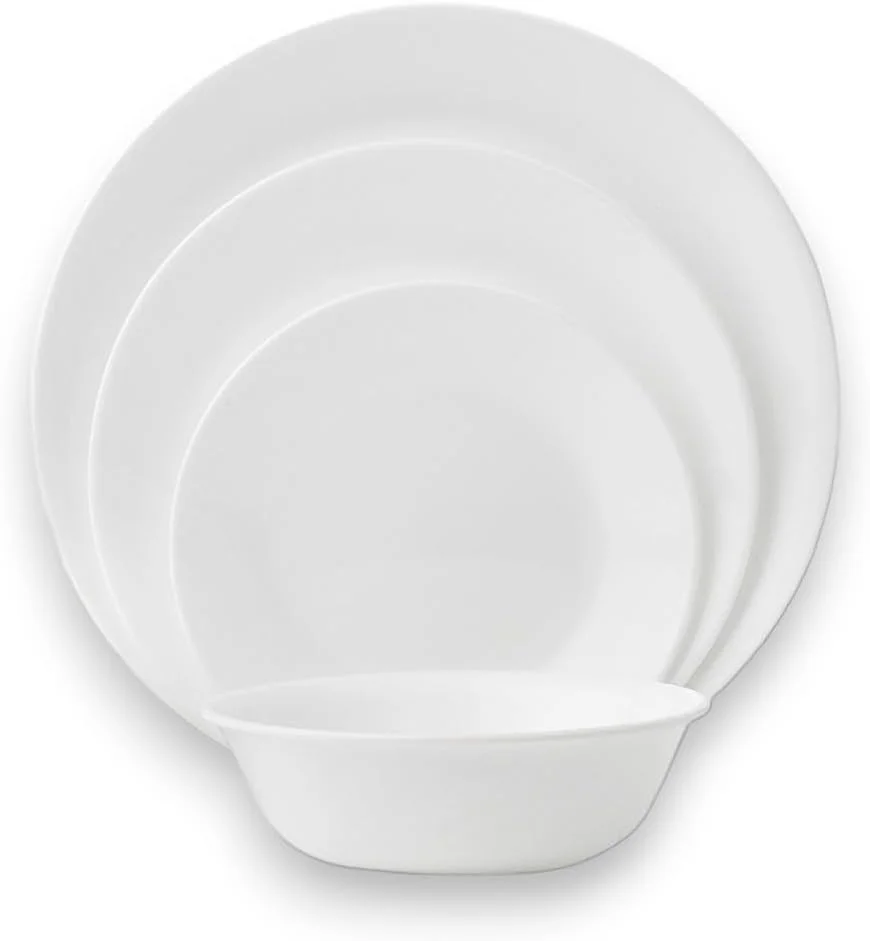 سرویس غذاخوری 8 پارچه Corelle Vitrelle برای 2 نفر، شیشه سه لایه و مقاوم در برابر لب پر شدن، ست بشقاب و کاسه گرد سبک وزن، Winter Frost White