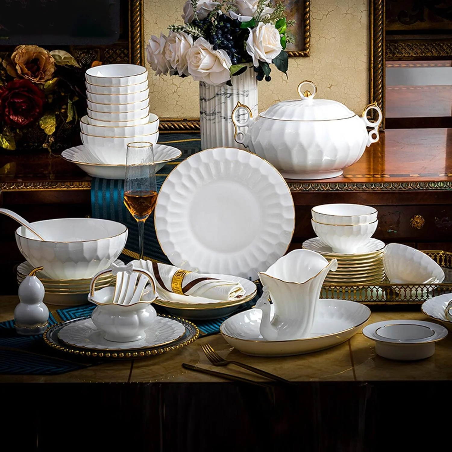 ظروف سفالی کلاسیک، ست ظروف سرامیکی، ست 50 تکه ظروف غذاخوری چینی استخوانی درجه یک سفید خالص، قابلمه سوپ/بشقاب/کاسه پنوم پن - ست ترکیبی چینی