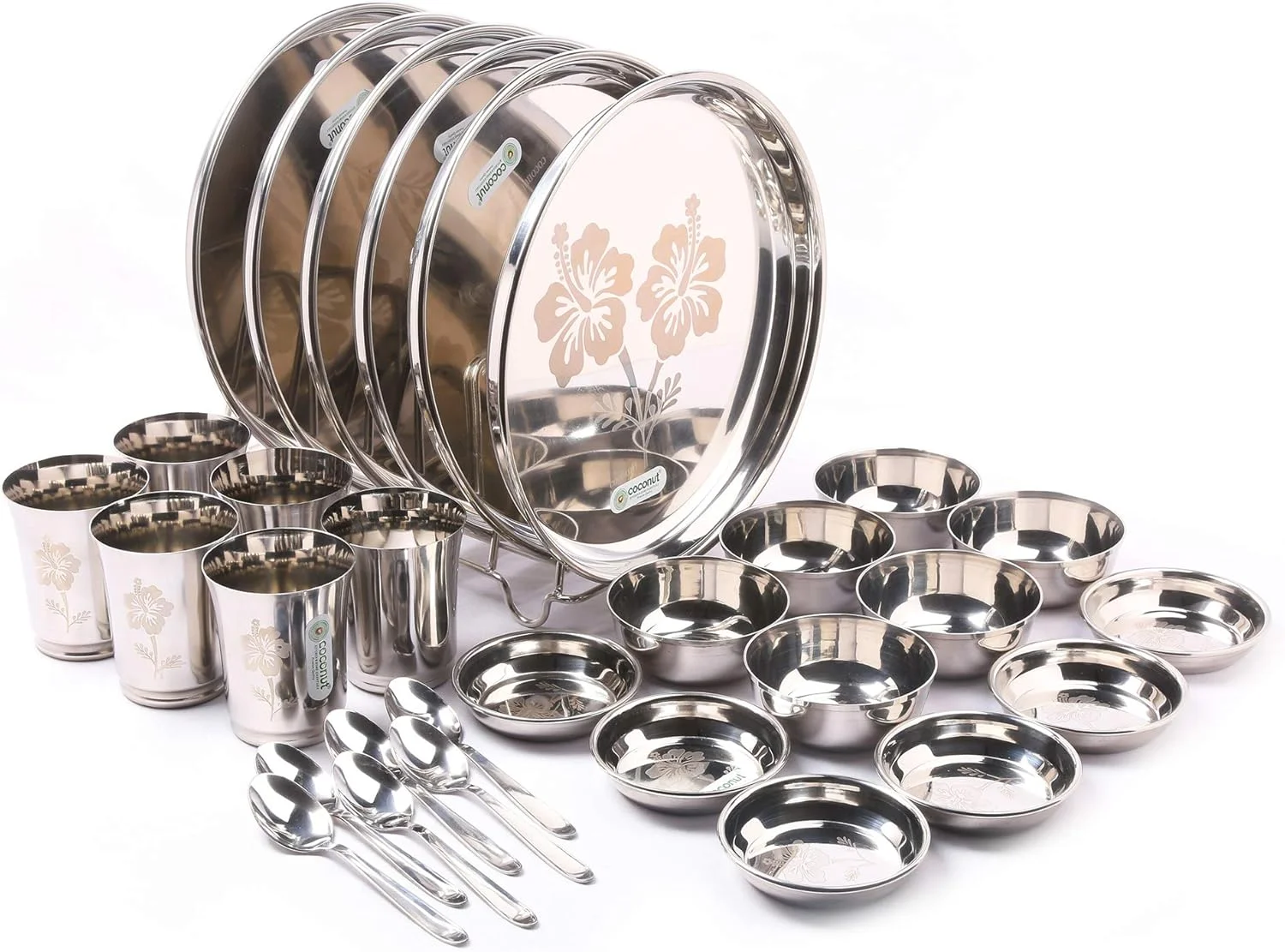 ست غذاخوری 30 پارچه استیل نارگیل (ضخیم) با روکش آینه ای و طراحی لیزری سوپر پلاتینا