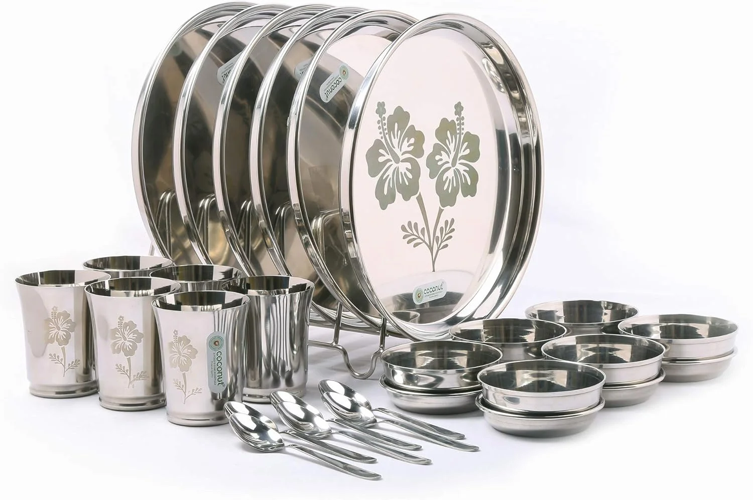 ست غذاخوری 30 پارچه استیل نارگیل (ضخیم) با روکش آینه ای و طراحی لیزری سوپر پلاتینا