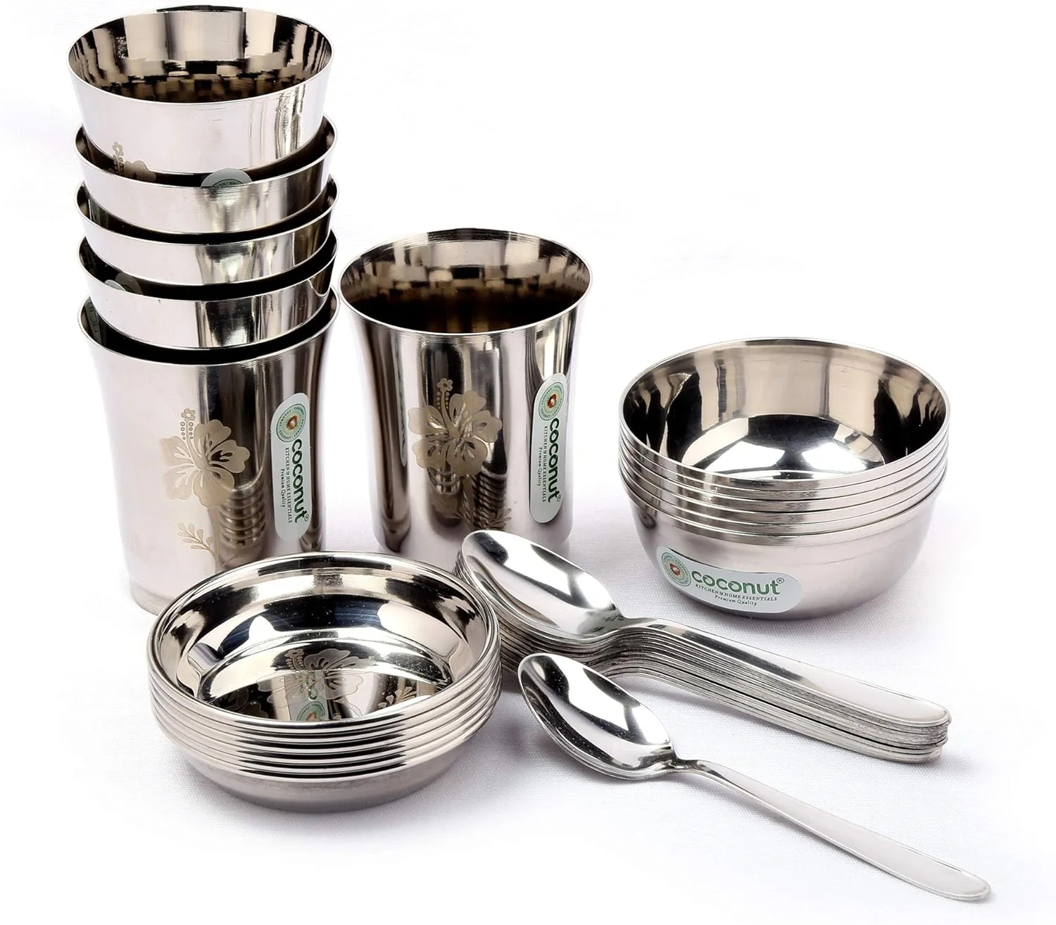 ست غذاخوری 30 پارچه استیل نارگیل (ضخیم) با روکش آینه ای و طراحی لیزری سوپر پلاتینا