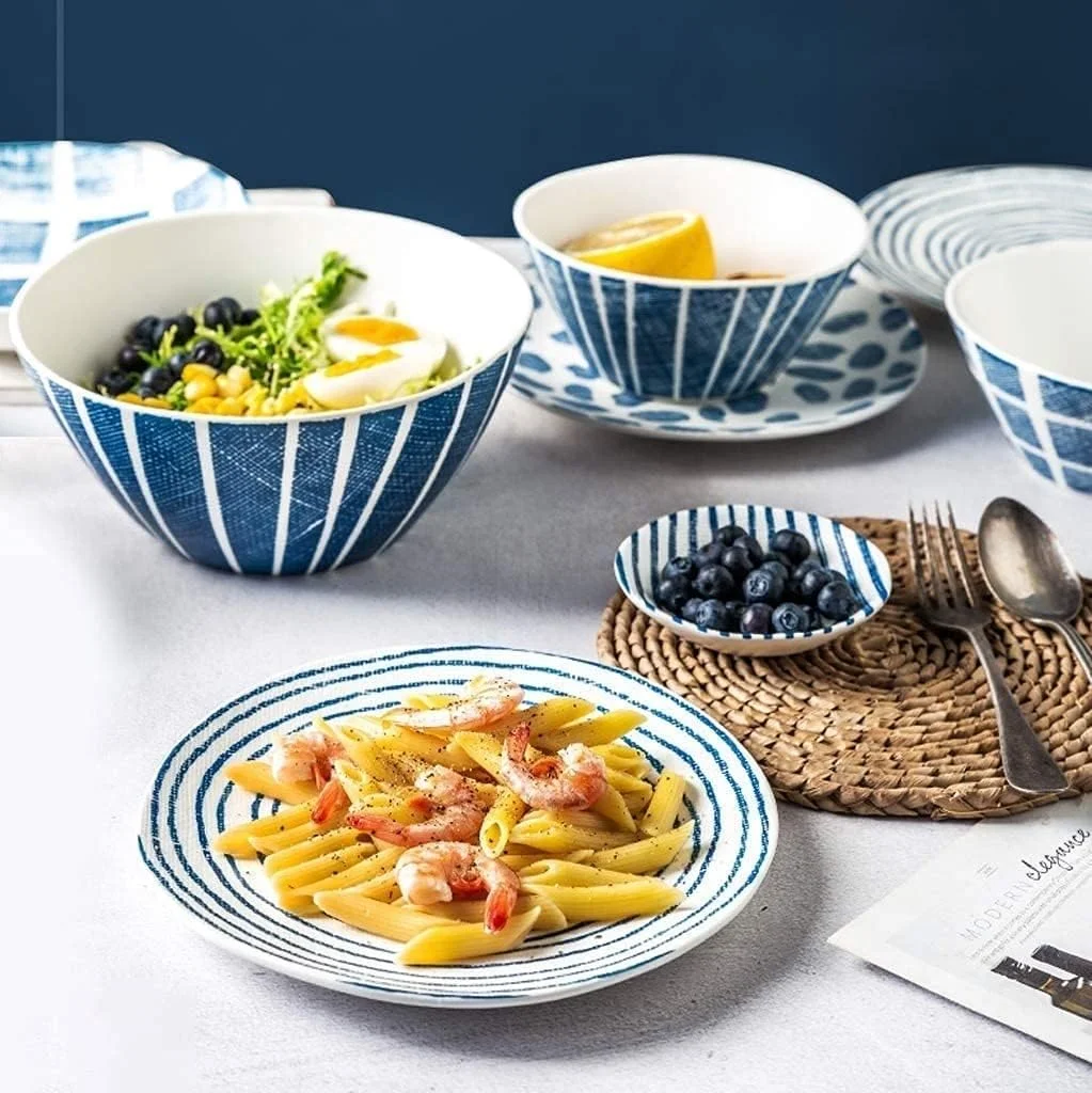 ست بشقاب غذاخوری سرامیکی، ست ظروف غذاخوری 30 تکه، ظروف غذاخوری چینی برجسته سه بعدی | کاسه، قاشق و بشقاب ایمن برای مایکروویو، A