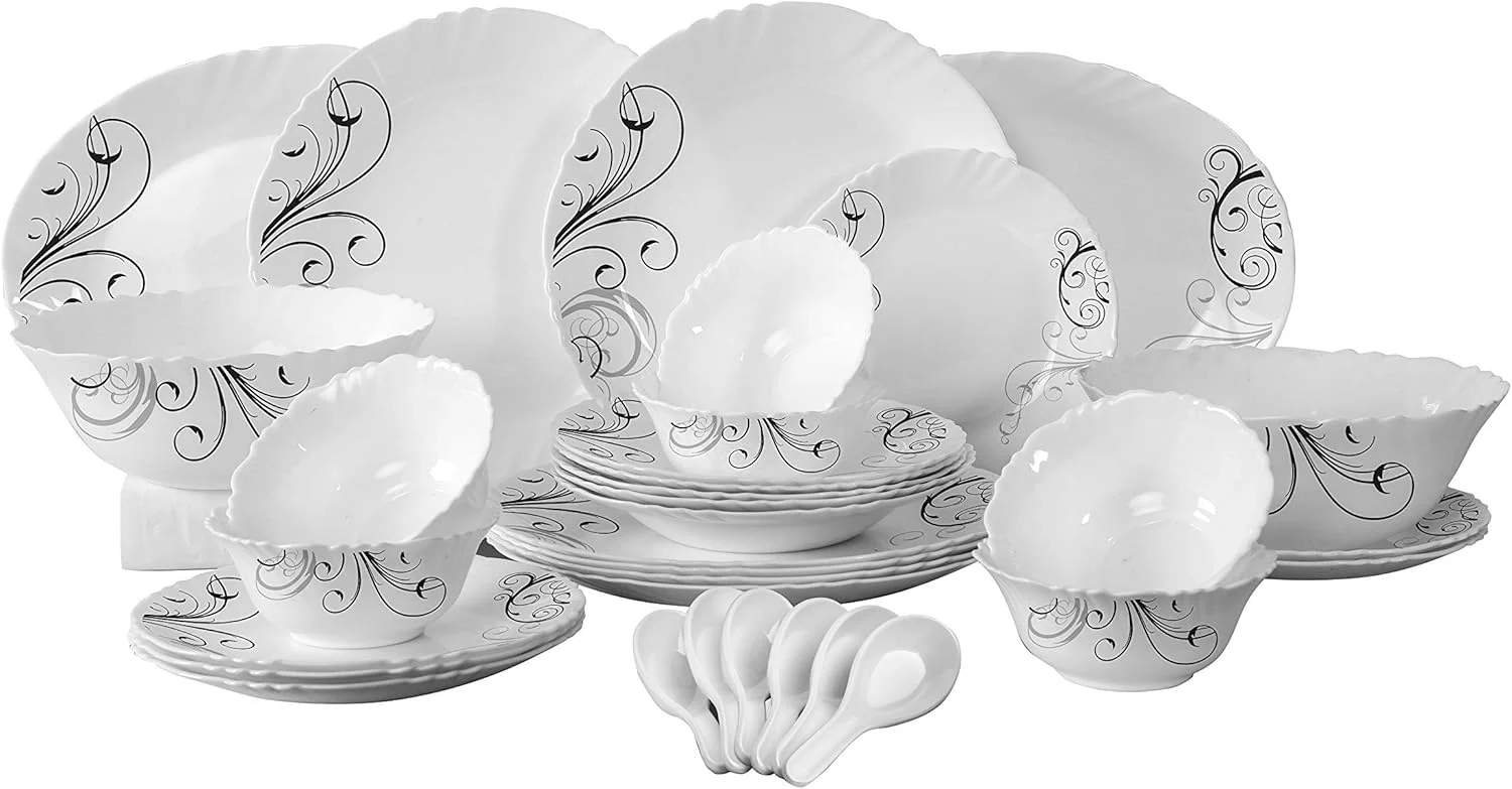 سرویس غذاخوری 34 پارچه اوپال با طرح گل، شامل بشقاب، کاسه، قاشق | استفاده آسان | مناسب برای استفاده روزمره خانواده، مهمانی های خانوادگی، رستوران، ضیافت و موارد دیگر (سفید و مشکی)