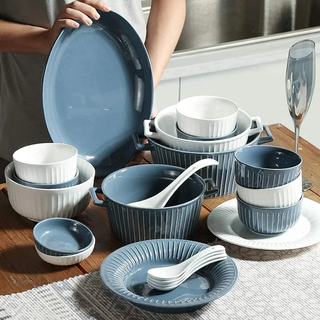 ست غذاخوری، ست های غذاخوری سرامیکی، ست ترکیبی ظروف غذاخوری چینی با طرح عمودی رترو 40 تکه برای مهمانی خانوادگی | کاسه های غلات و ست بشقاب استیک