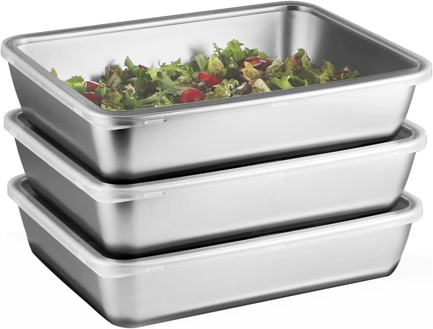 ست 3 عددی ظروف استیل ضد زنگ با درب، بشقاب های کمپینگ ضد زنگ، بشقاب های استیل غذاخوری در فضای باز، بشقاب میوه و تنقلات، ظروف غذاخوری قابل حمل برای کمپینگ، قابل شستشو در ماشین ظرفشویی و طراحی مینیمالیستی (25x20 سانتی متر)