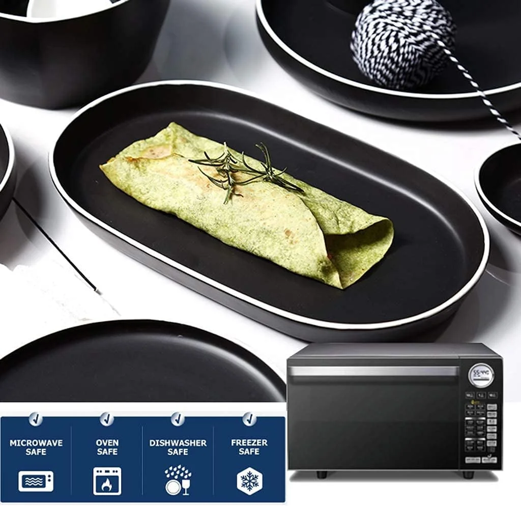 سرویس غذاخوری، سرویس های غذاخوری سرامیکی، ست ترکیبی ظروف غذاخوری چینی 48 تکه | بشقاب استیک مشکی مات و ست کاسه های غلات برای رستوران های خاص