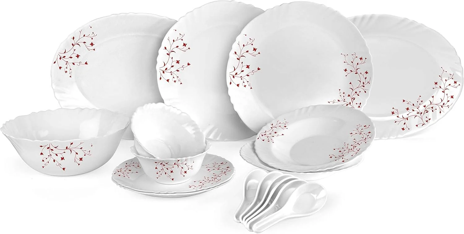 سرویس غذاخوری 34 پارچه اوپال با طرح گل، شامل بشقاب، کاسه، قاشق | استفاده آسان | مناسب برای استفاده روزمره خانواده، مهمانی های خانوادگی، رستوران، ضیافت و موارد دیگر (سفید و مشکی)