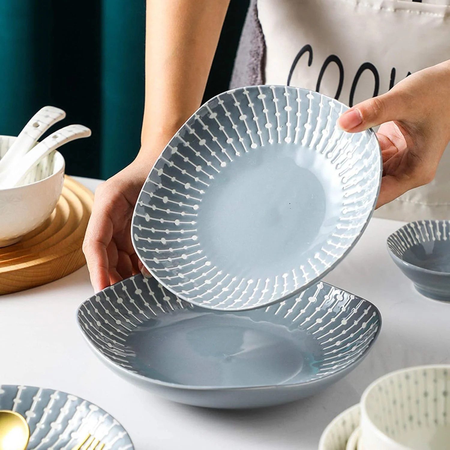 سرویس غذاخوری، سرویس های غذاخوری سرامیکی، 42 تکه کاسه غلات و بشقاب استیک به سبک مینیمالیستی نوردیک | ست ظروف غذاخوری چینی برجسته برای دورهمی خانوادگی