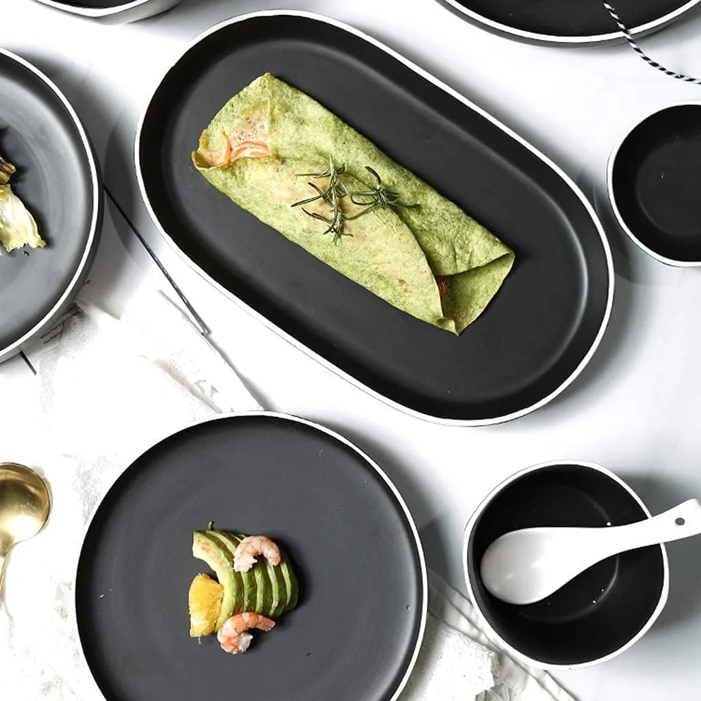 سرویس غذاخوری، سرویس های غذاخوری سرامیکی، ست ترکیبی ظروف غذاخوری چینی 48 تکه | بشقاب استیک مشکی مات و ست کاسه های غلات برای رستوران های خاص