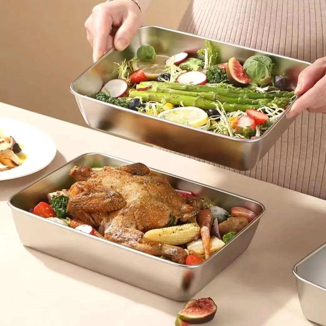 ست 3 عددی ظروف استیل ضد زنگ با درب، بشقاب های کمپینگ ضد زنگ، بشقاب های استیل غذاخوری در فضای باز، بشقاب میوه و تنقلات، ظروف غذاخوری قابل حمل برای کمپینگ، قابل شستشو در ماشین ظرفشویی و طراحی مینیمالیستی (25x20 سانتی متر)