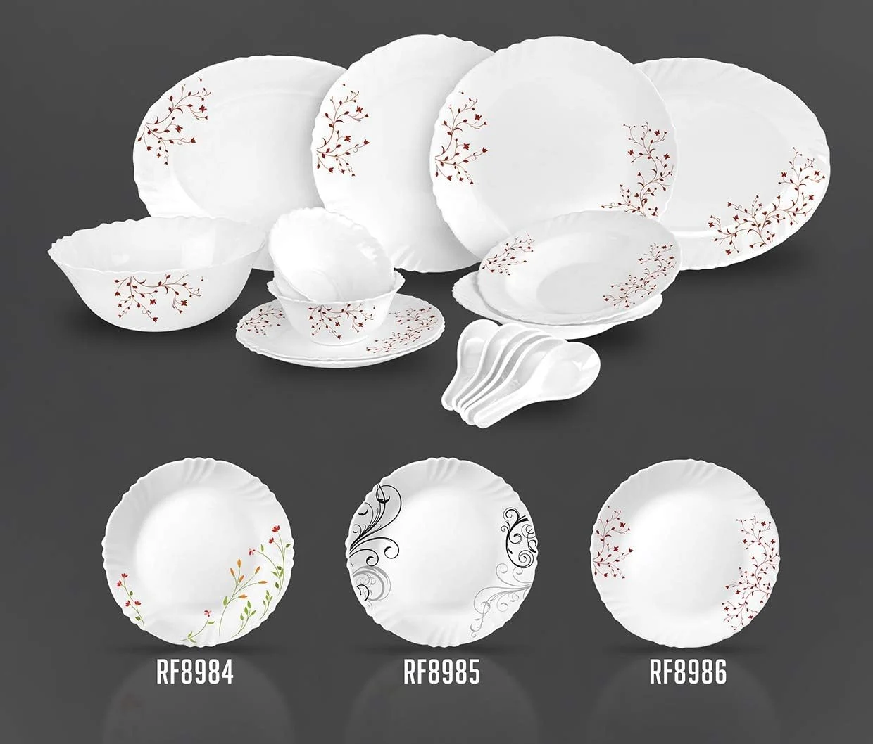 سرویس غذاخوری 34 پارچه اوپال با طرح گل، شامل بشقاب، کاسه، قاشق | استفاده آسان | مناسب برای استفاده روزمره خانواده، مهمانی های خانوادگی، رستوران، ضیافت و موارد دیگر (سفید و مشکی)