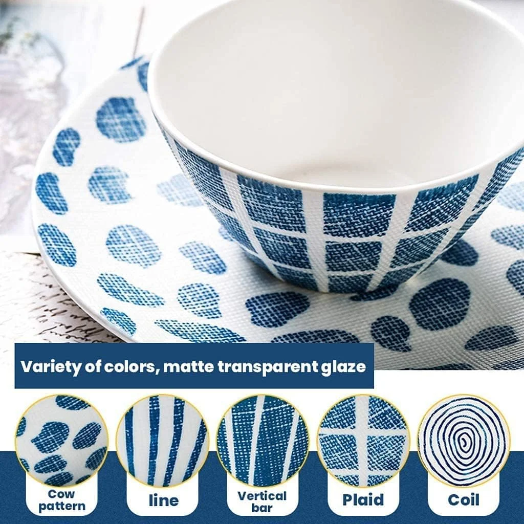 ست بشقاب غذاخوری سرامیکی، ست ظروف غذاخوری 30 تکه، ظروف غذاخوری چینی برجسته سه بعدی | کاسه، قاشق و بشقاب ایمن برای مایکروویو، A