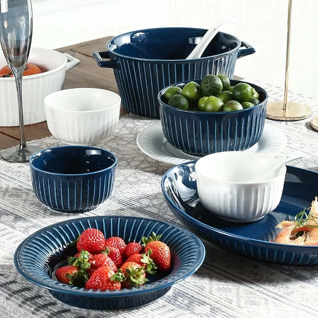 ست غذاخوری، ست های غذاخوری سرامیکی، ست ترکیبی ظروف غذاخوری چینی با طرح عمودی رترو 40 تکه برای مهمانی خانوادگی | کاسه های غلات و ست بشقاب استیک