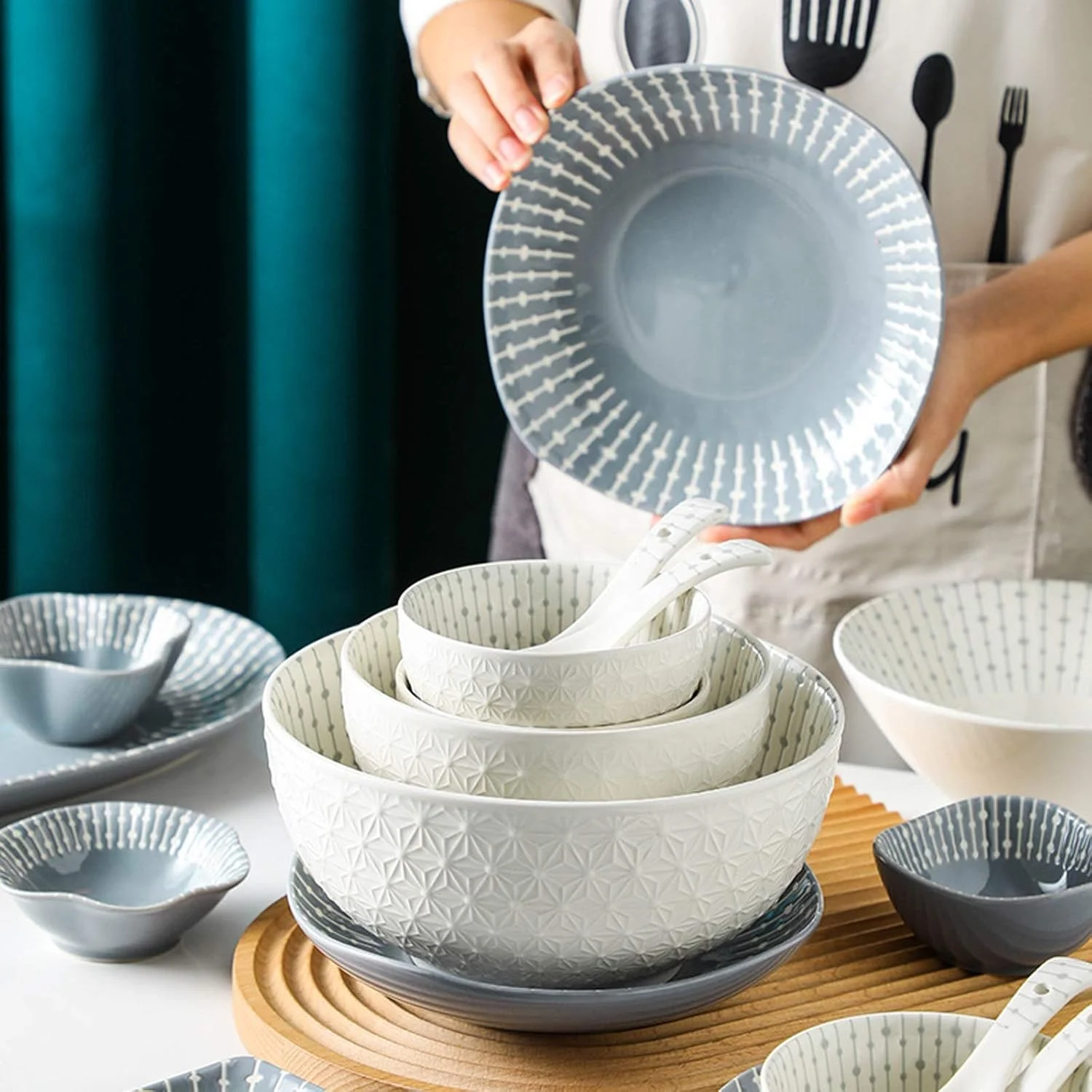 سرویس غذاخوری، سرویس های غذاخوری سرامیکی، 42 تکه کاسه غلات و بشقاب استیک به سبک مینیمالیستی نوردیک | ست ظروف غذاخوری چینی برجسته برای دورهمی خانوادگی