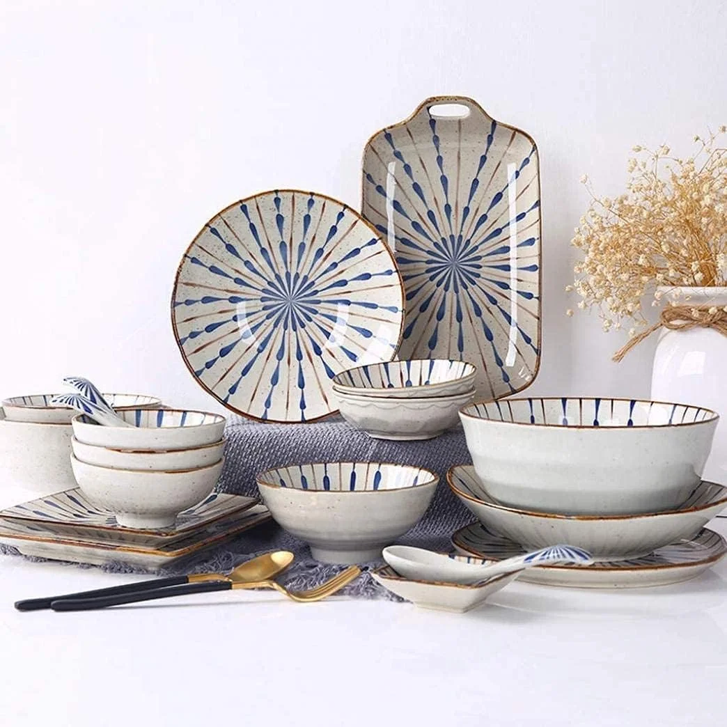 سرویس غذاخوری 35 پارچه، مجموعه ظروف سرامیکی با طرح قدیمی، شامل بشقاب، کاسه و ترکیبی از ظروف چینی برای مهمانی و هدیه خانه نویی
