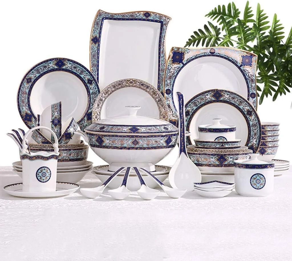 سرویس ظروف غذاخوری سرامیکی 55 پارچه، شامل کاسه/بشقاب/قابلمه سوپ/قاشق، سرویس ظروف چینی استخوانی، ست ترکیبی ظروف چینی طرح باغ آبی
