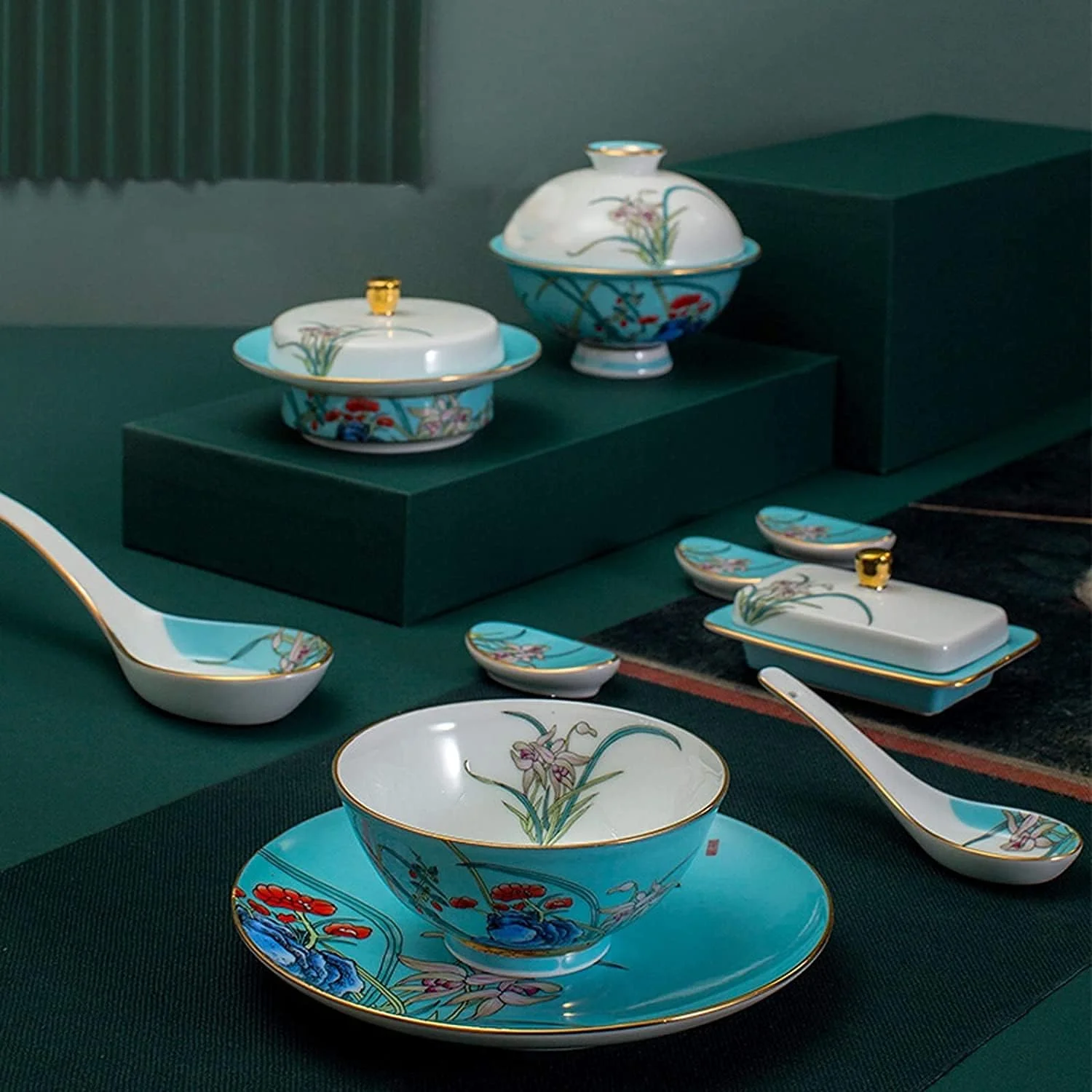 ست بشقاب غذاخوری سرامیکی 38 پارچه دست ساز طلایی چینی استخوانی | بشقاب استیک چینی و کاسه های غلات