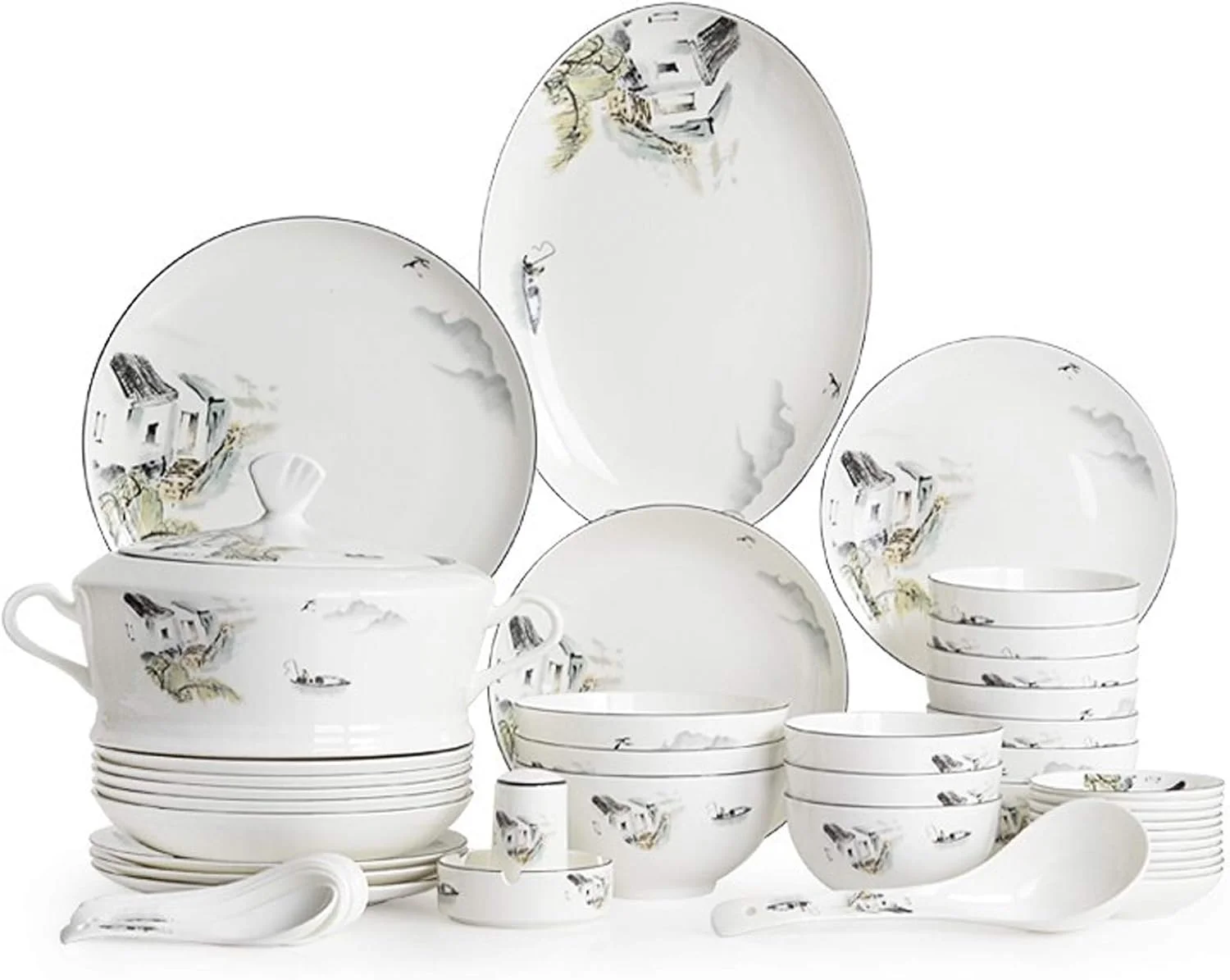 سرویس ظروف غذاخوری سرامیکی، کاسه های سرامیکی/بشقاب استیک/قابلمه سوپ | ست ترکیبی 50 تکه ظروف چینی استخوانی به سبک چینی برای هدایای عروسی