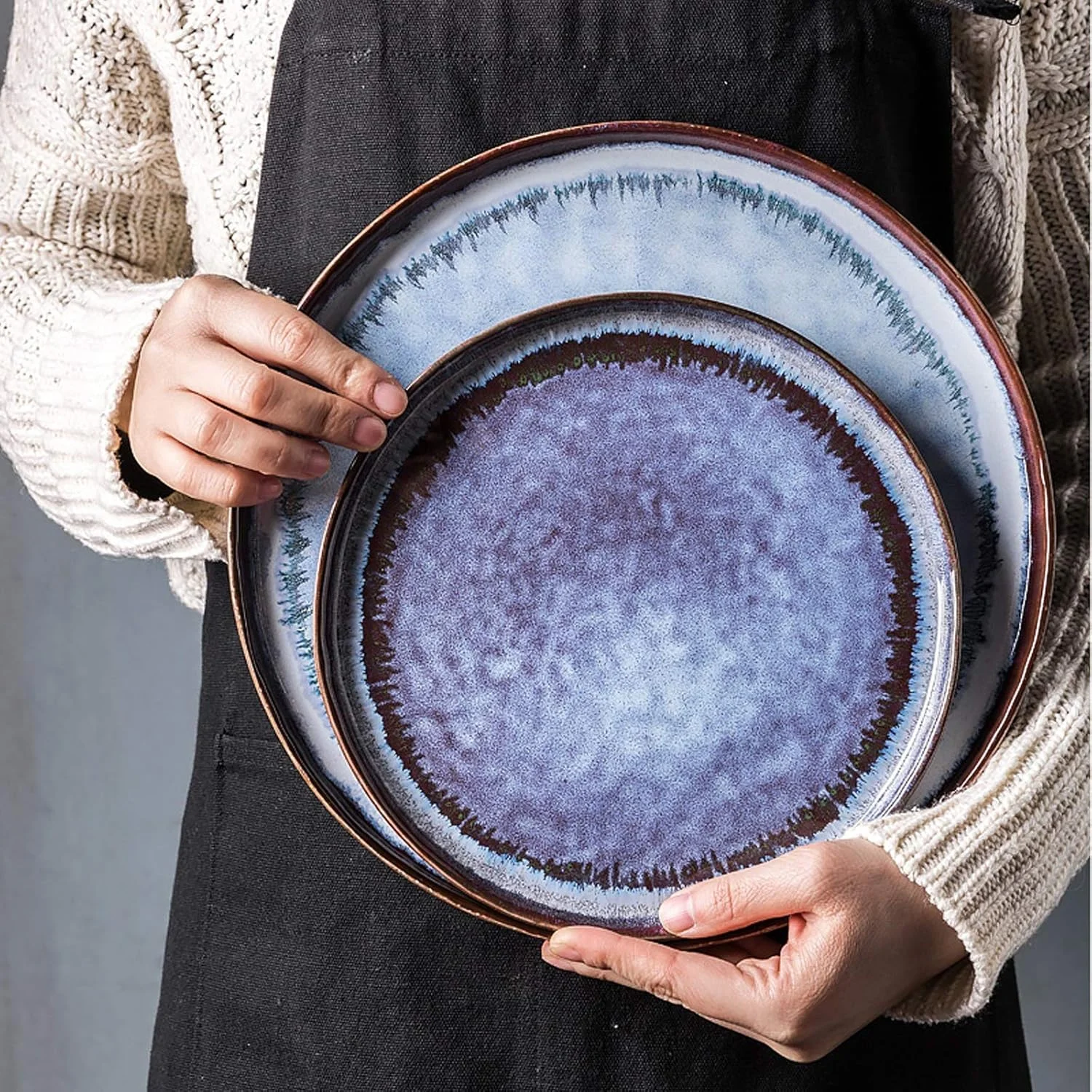 ست ظروف غذاخوری سرامیکی 17 پارچه ای، ست ترکیبی ظروف شام چینی | کاسه های سالاد با لعاب گرادیان آبی و ست بشقاب استیک برای هدایای عروسی و رستوران های خاص