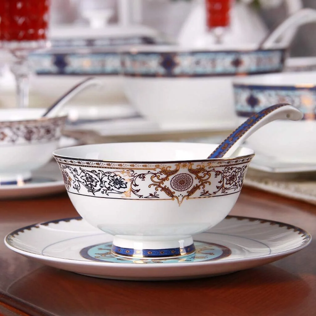 سرویس ظروف غذاخوری سرامیکی 55 پارچه، شامل کاسه/بشقاب/قابلمه سوپ/قاشق، سرویس ظروف چینی استخوانی، ست ترکیبی ظروف چینی طرح باغ آبی