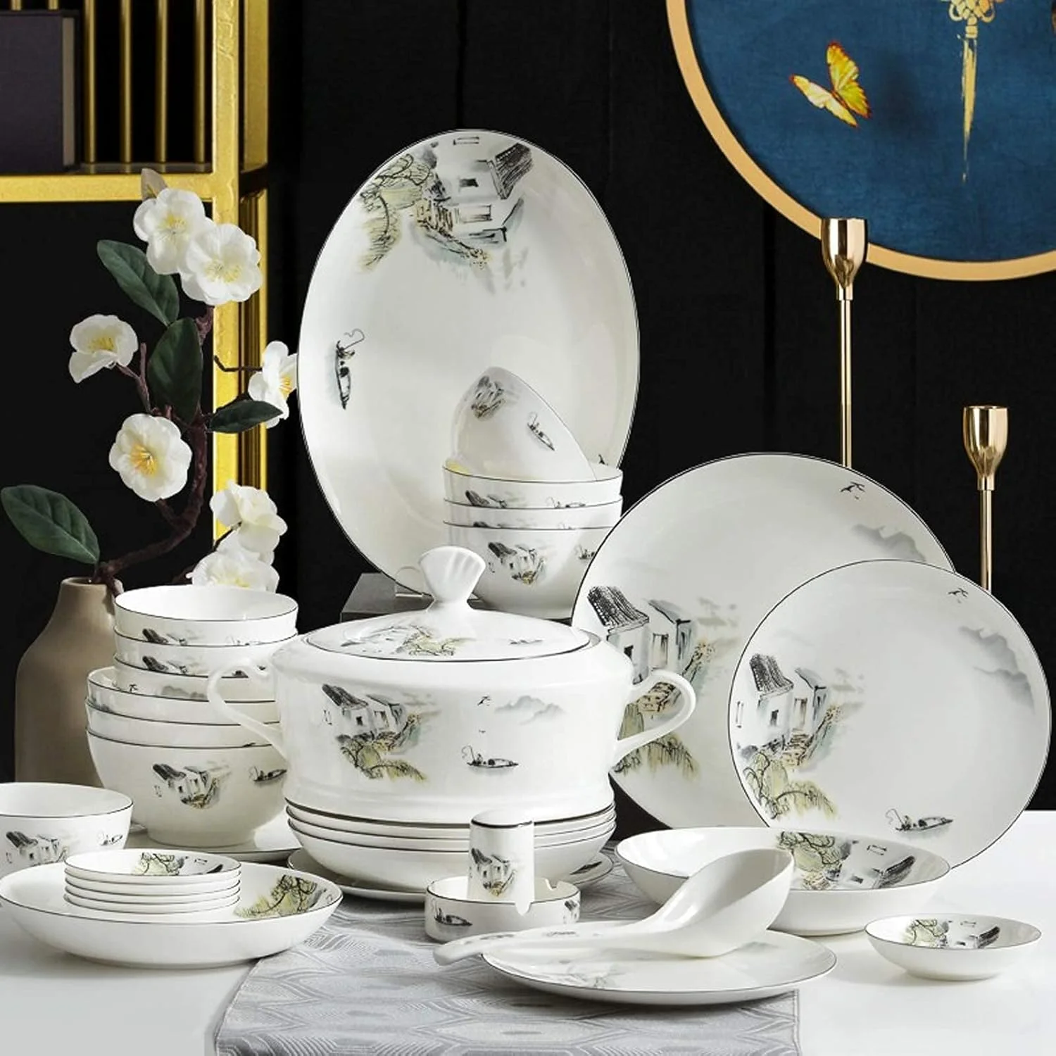 سرویس ظروف غذاخوری سرامیکی، کاسه های سرامیکی/بشقاب استیک/قابلمه سوپ | ست ترکیبی 50 تکه ظروف چینی استخوانی به سبک چینی برای هدایای عروسی