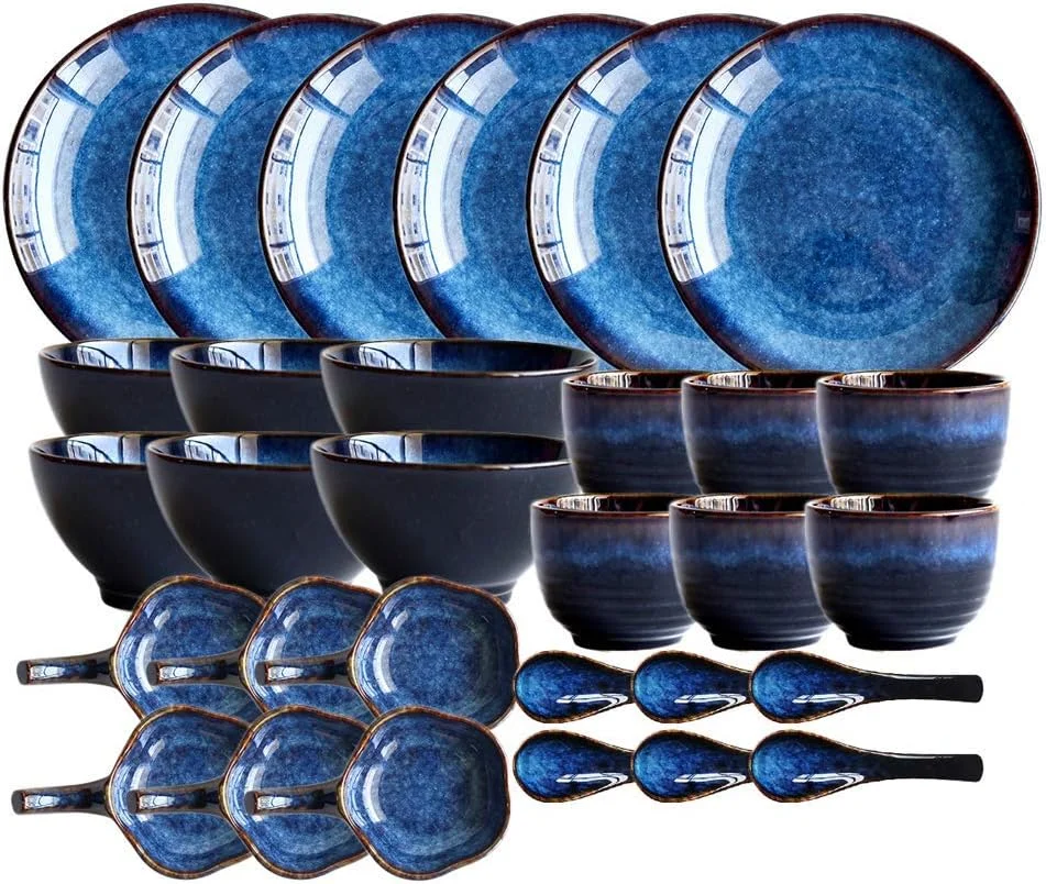 سرویس غذاخوری، سرویس ظروف سرامیکی، ست 30 تکه بشقاب و کاسه آبی رنگ مناسب رستوران/ ست ظروف غذاخوری چینی با لعاب کوره ای و قابل استفاده در مایکروویو