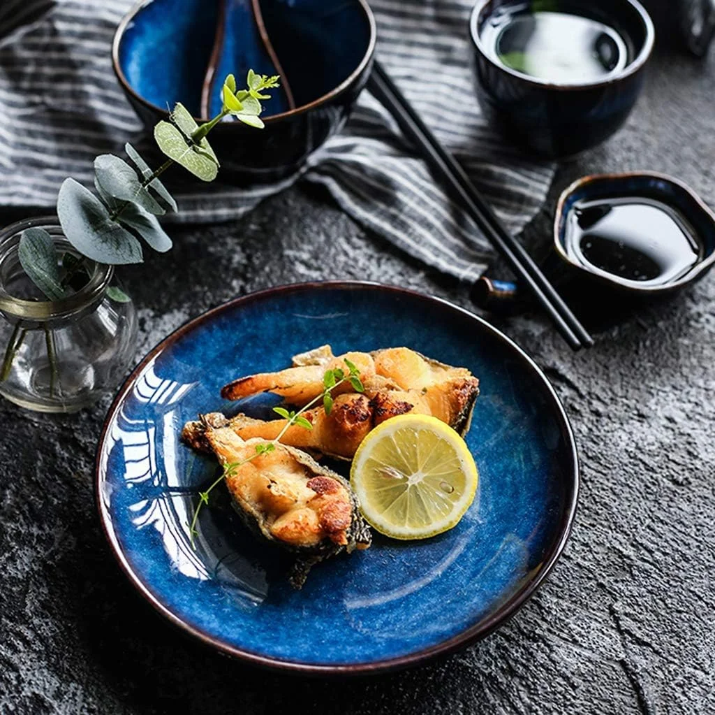 سرویس غذاخوری، سرویس ظروف سرامیکی، ست 30 تکه بشقاب و کاسه آبی رنگ مناسب رستوران/ ست ظروف غذاخوری چینی با لعاب کوره ای و قابل استفاده در مایکروویو