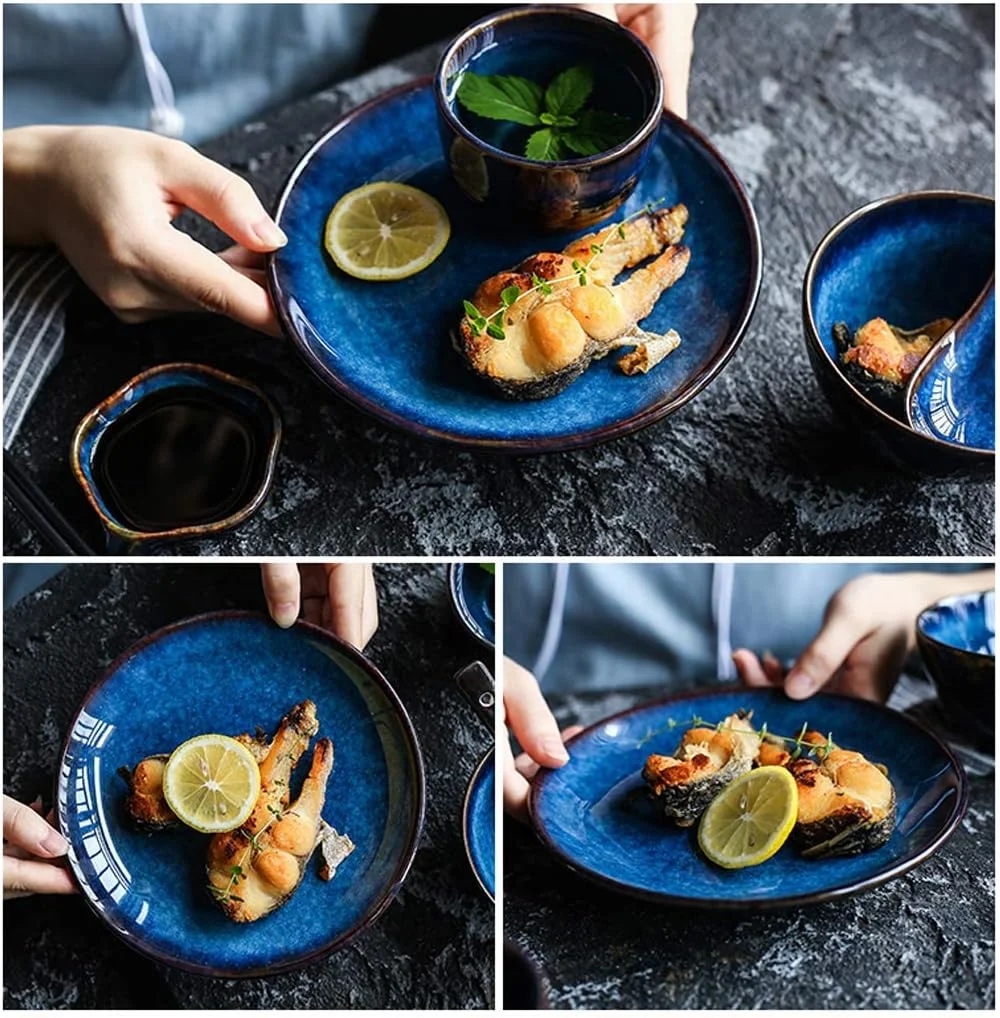 سرویس غذاخوری، سرویس ظروف سرامیکی، ست 30 تکه بشقاب و کاسه آبی رنگ مناسب رستوران/ ست ظروف غذاخوری چینی با لعاب کوره ای و قابل استفاده در مایکروویو