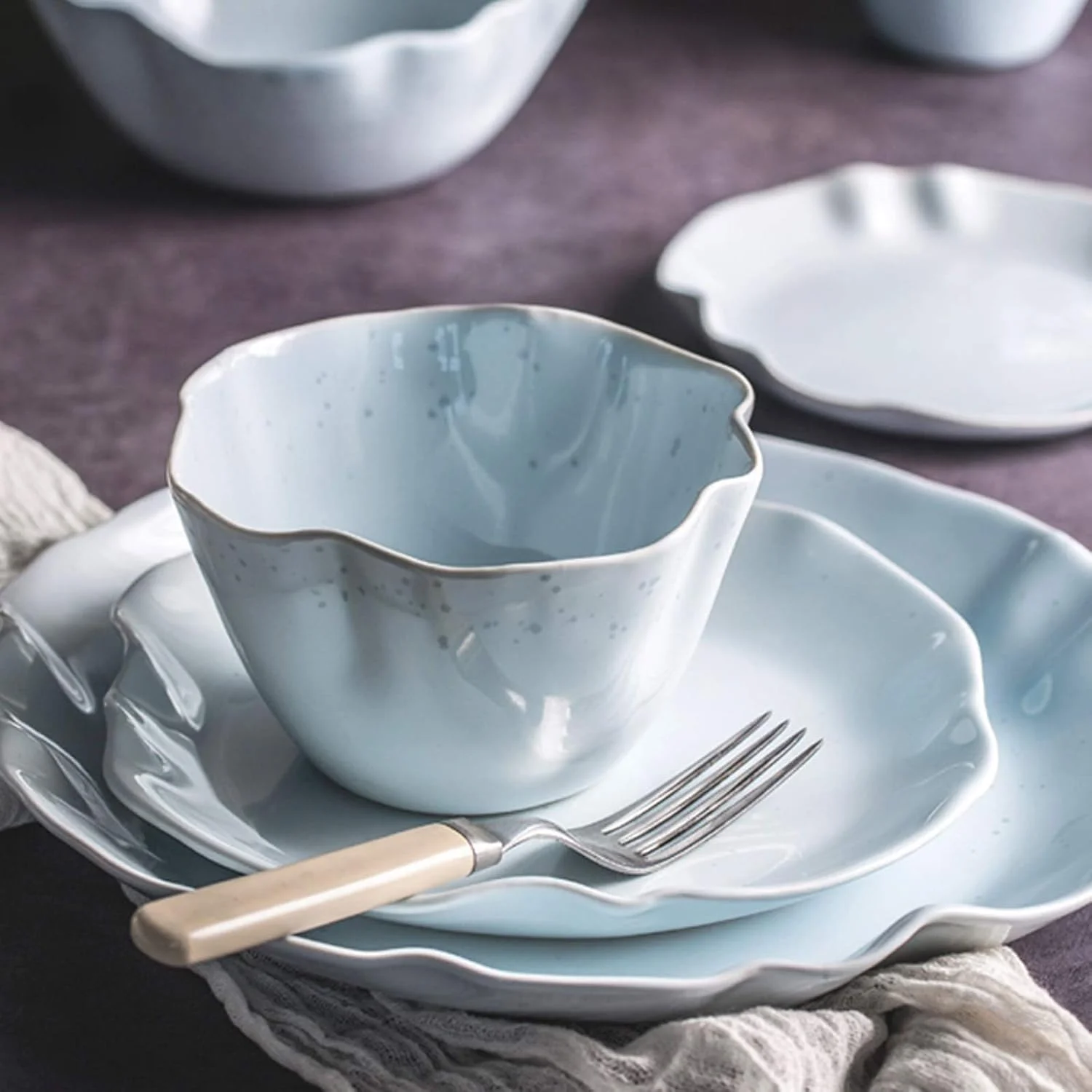 ست غذاخوری، ست های غذاخوری سرامیکی، ست ترکیبی 24 تکه ظروف غذاخوری چینی | کاسه های غلات چین دار نامنظم و ست بشقاب استیک برای هدایای عروسی